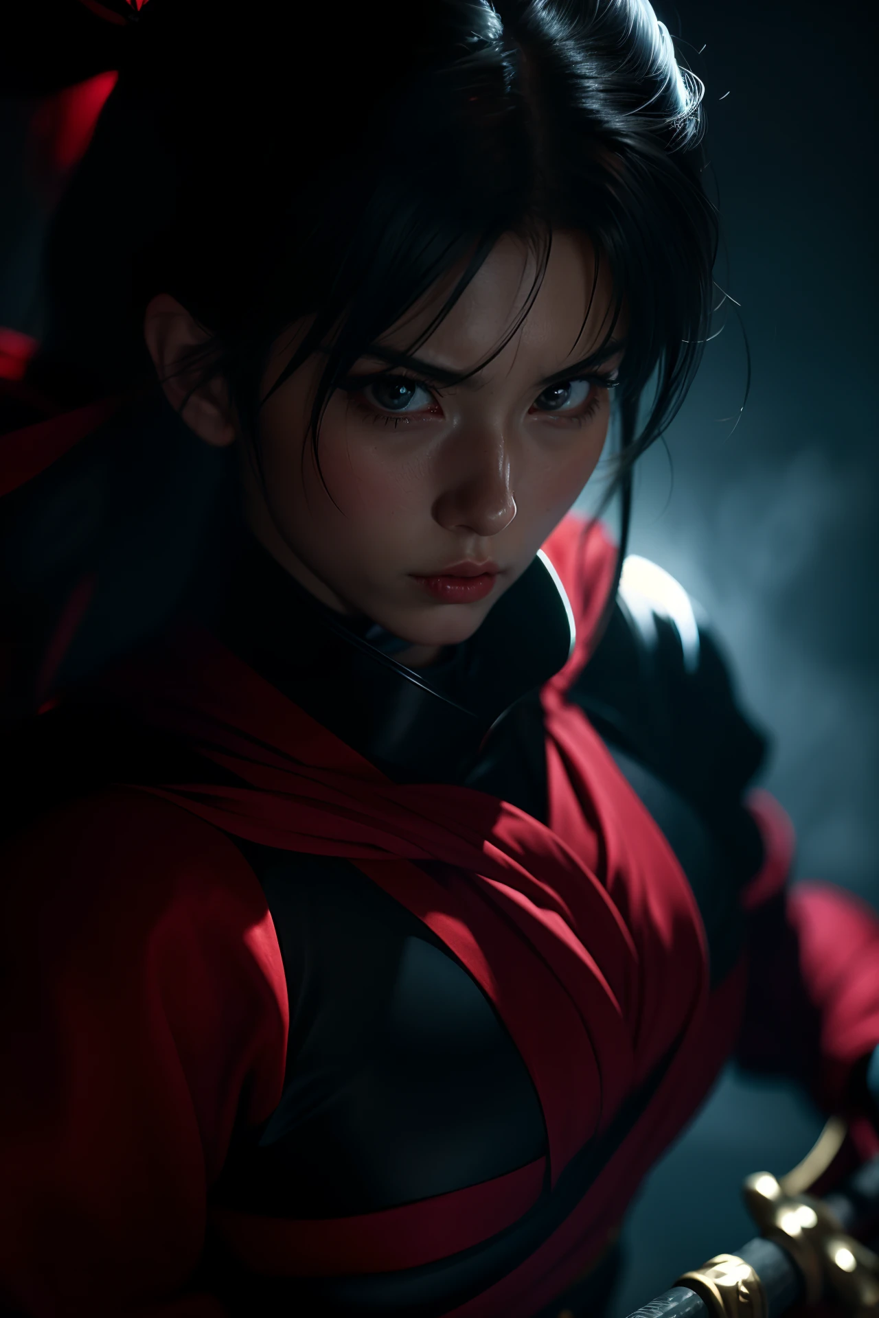 an anime-like character, an anime woman, wearing a traditional costume, ponytail, black armor, holding a long sword, chaotic twisting, in the style of unreal engine 5, realism, in the style of ink painting, wendy froude, mio hirano, epic, red and black, color confusion, exaggerated close-up intensity, close-up intensity, kozo yokai, caravaggesque chiaroscuro
