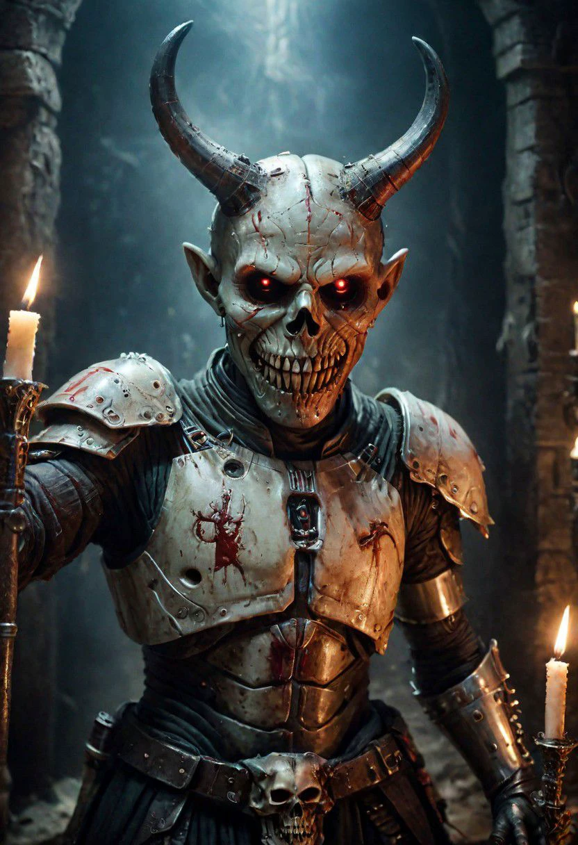 A photo of a (menacing demon lord:1.3), (curved horns:1.2), piercing red eyes, (grinning skull-like face:1.1), muscular build, (pointing directly at viewer:1.2), surrounded by an army of (ghouls and skeletal figures:1.1), flickering candlelight, medieval dungeon setting, (ominous soldier with rifle:1.1), atmospheric dread, gothic horror theme, Sony A7R IV, 1/60s, f/2.8, ISO 1000, cinematic composition, HDR imaging, detailed textures, macabre mood, RAW photography, professional grade,photography in the style of Labirynth movie, close up of (awful) and (sweet) creature with sword stained with (blood), inside a claustrophobic ancient and ruined labirynth ,fantasy,hyper detailed, real skin imperfections, hard lighting, bokeh, ((curi:1.2))armor star wars