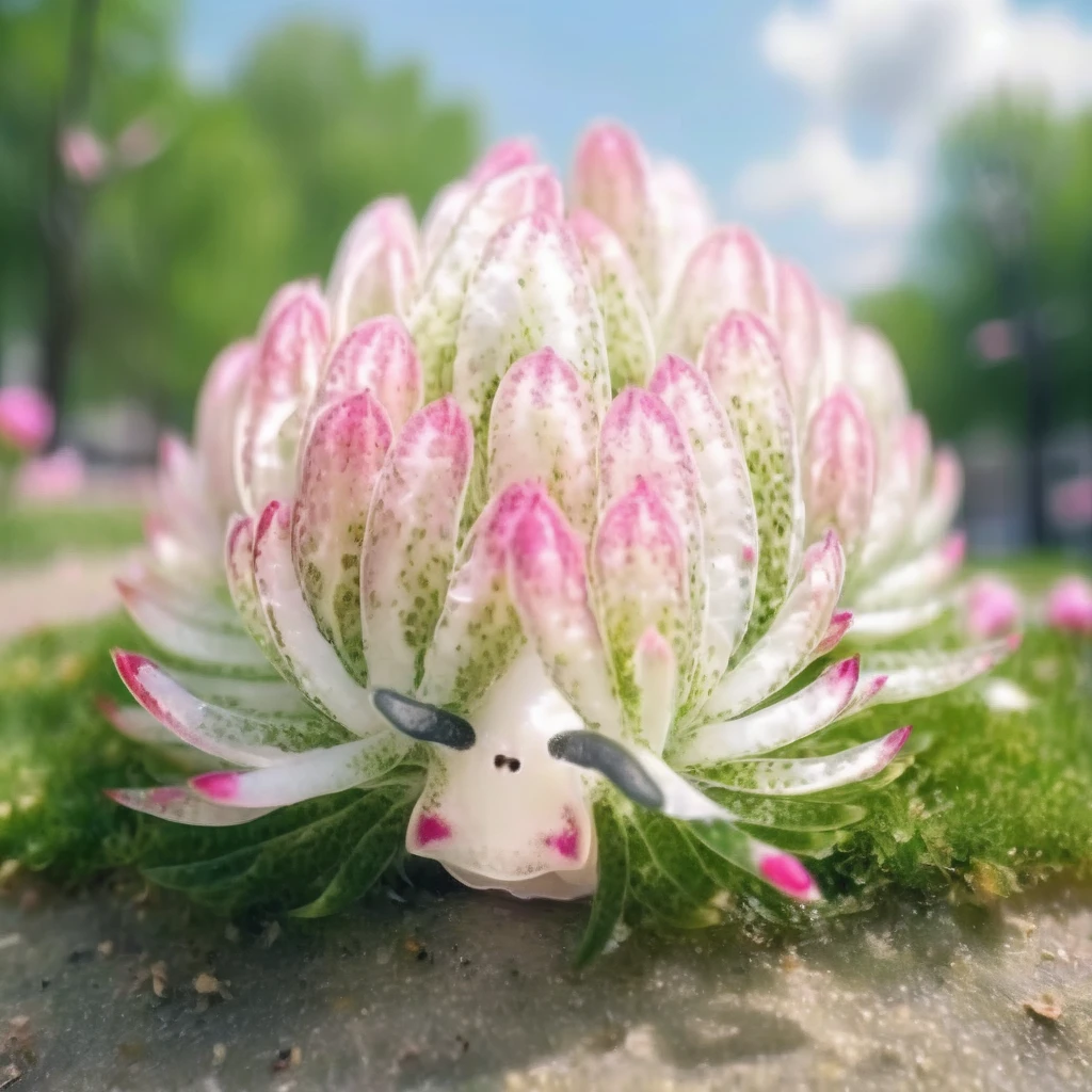 white leaf sheep with large pink flowers on it's back, dreams, azalea, impressionist art, dutch tilt angle, in a park <lora:shepXL-000120:0.95>