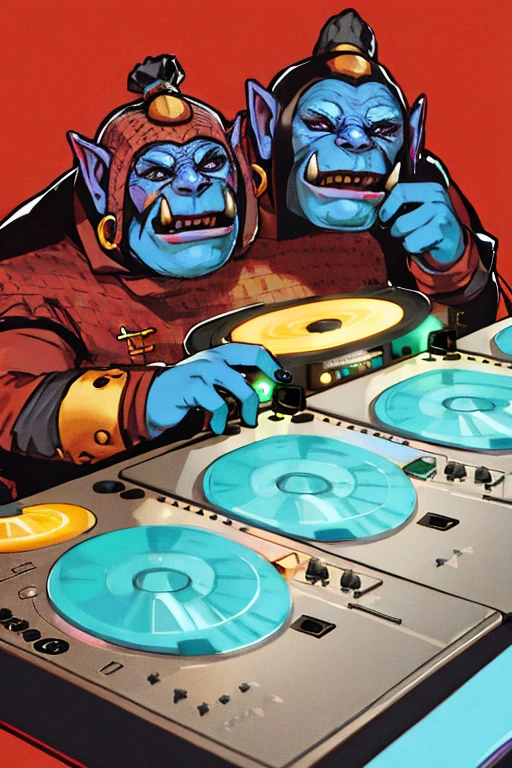 highres, 8k, ogremagi, multiple heads,<lora:Ogremagi:0.8>, working as a dj