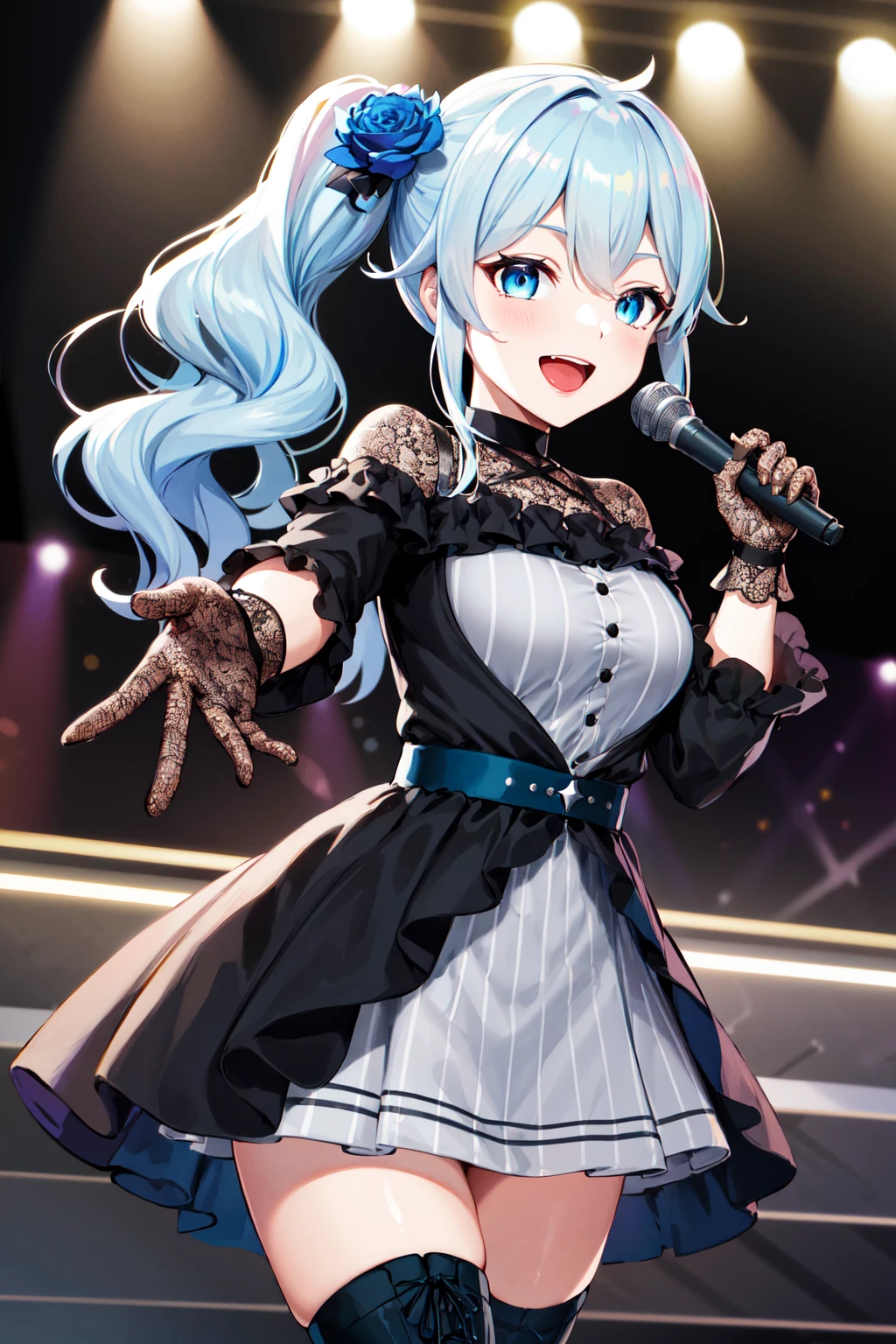 masterpiece, best quality, highres, aamahiro, long hair, blue hair, side ponytail, hair flower, blue flower, blue eyes, vertical stripes, black dress, long sleeves, lace gloves, black gloves, white skirt, black thighhighs, <lora:yukishiro_mahiro_v1:0.7>, standing, cowboy shot, stage, holding microphone, smile, open mouth, singing, reaching out,