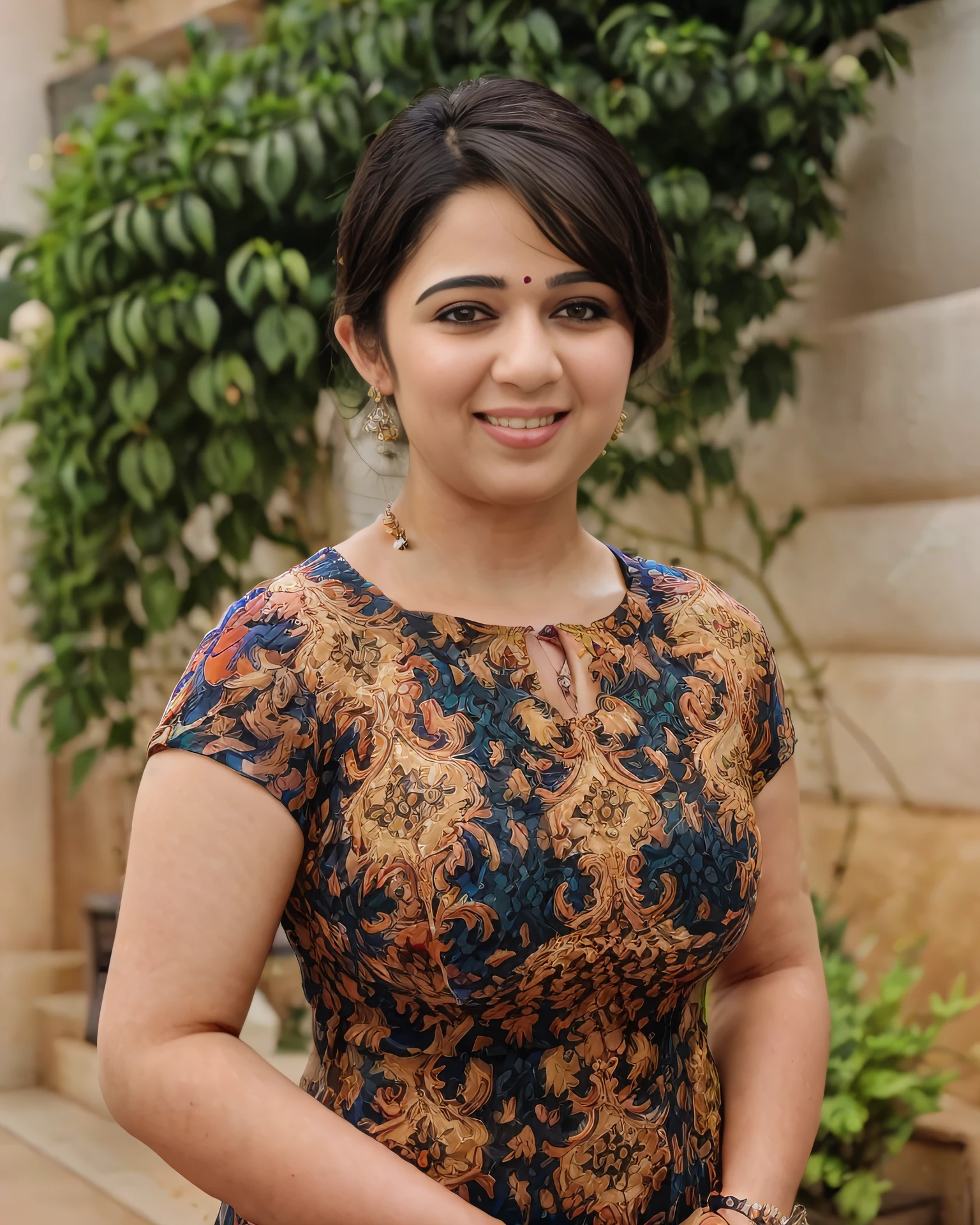 photo of a chrmi woman full body in a dynamic pose wearing elegant high-neck colorful intricate dress covering chest area, looking at camera, smiling, perfect eyes, at a courtyard beautiful bokeh <lora:chrmi_Charmi_Kaur_SD15_LoRA_prodigy_local_regs-000002:0.9>