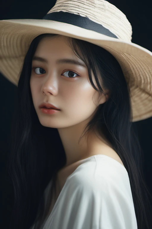 <lora:ayakakonno:1> 3:4 photo of a ayaka, black hair (wearing a white straw hat), flowing hair, casual black shirt with 3/4 slave, casual make up, realistic skin texture, warm, low saturation, rich colors, inspired by Alessio Albi, nikon d850, zeiss otus 85mm lens, f/1.4, hyper realistic , lifelike texture, realistic dramatic cinematic lighting.