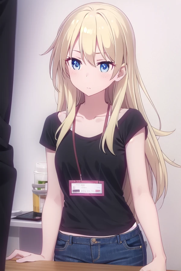 kouyagami, <lora:kou yagami s2-lora-nochekaiser:1>,
kou yagami, long hair, blue eyes, blonde hair,
BREAK shirt, collarbone, pants, black shirt, id card, lanyard, denim,
BREAK indoors, office,
BREAK looking at viewer, (cowboy shot:1.5),
BREAK <lyco:GoodHands-beta2:1>, (masterpiece:1.2), best quality, high resolution, unity 8k wallpaper, (illustration:0.8), (beautiful detailed eyes:1.6), extremely detailed face, perfect lighting, extremely detailed CG, (perfect hands, perfect anatomy),