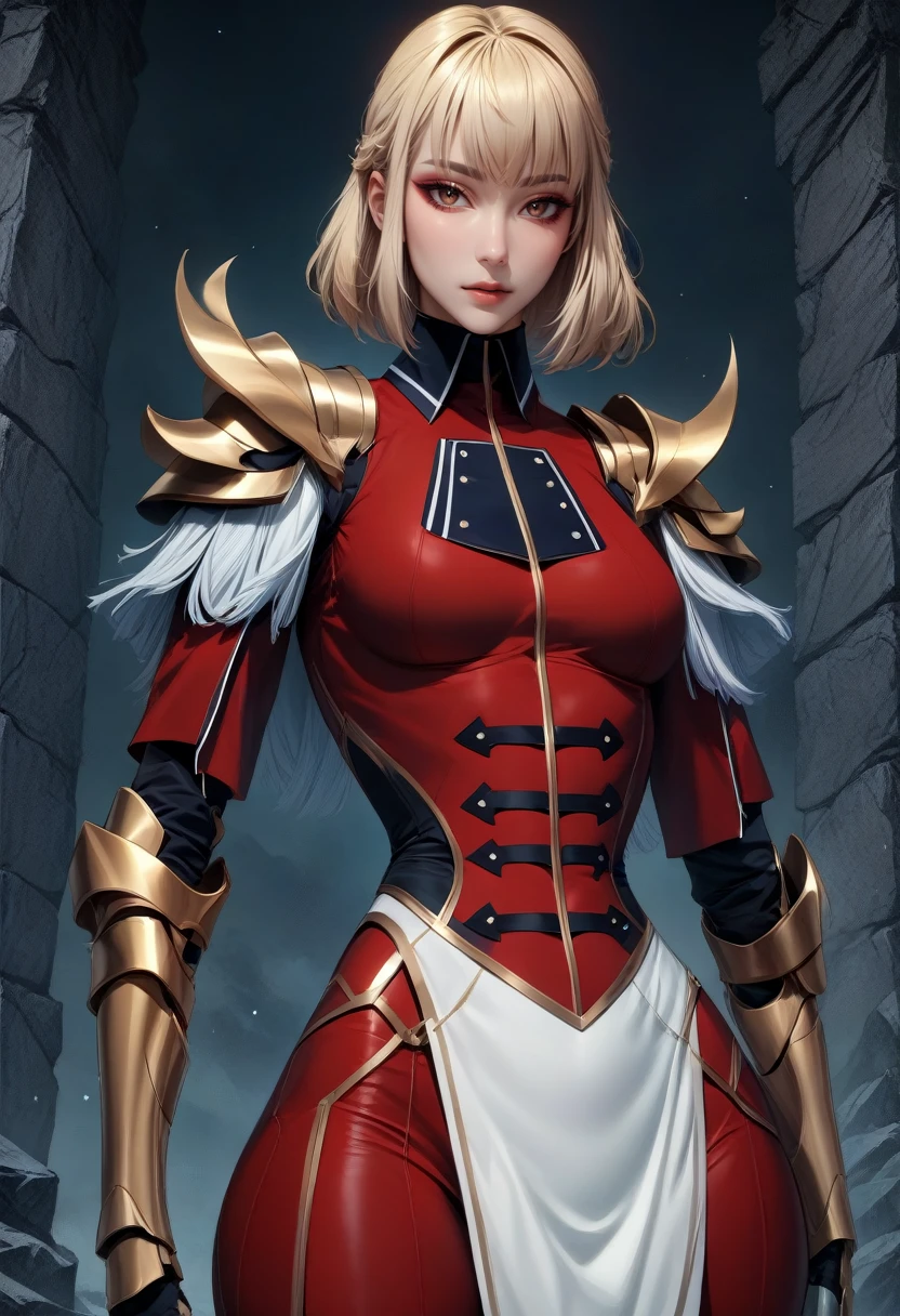 solo, 1girl, cha hae-in, expressionless, looking at viewer, blonde hair, red armor, black collar, shoulder armor, long sleeves, gauntlets, white pelvic curtain, red leggings, masterpiece, best quality, rating: general, newest <lora:sololeveling_chaehae-in_xl-05:1>