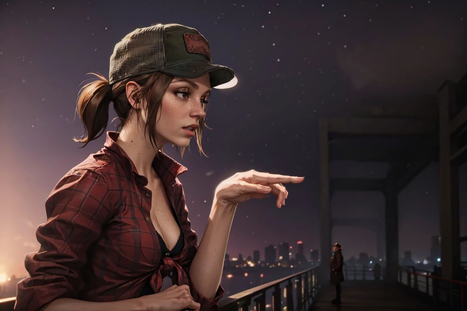 masterpiece, best quality, 1girl, solo, breasts, <lora:abigailbriarton-guy-v2:.95>, abigailbriarton, freckles, hat, shirt, tied shirt, freckles, outdoors, purple sky, <lora:youlooklonely-meme-richy-v1:.95> youlooklonely, pointing, from side, looking at another