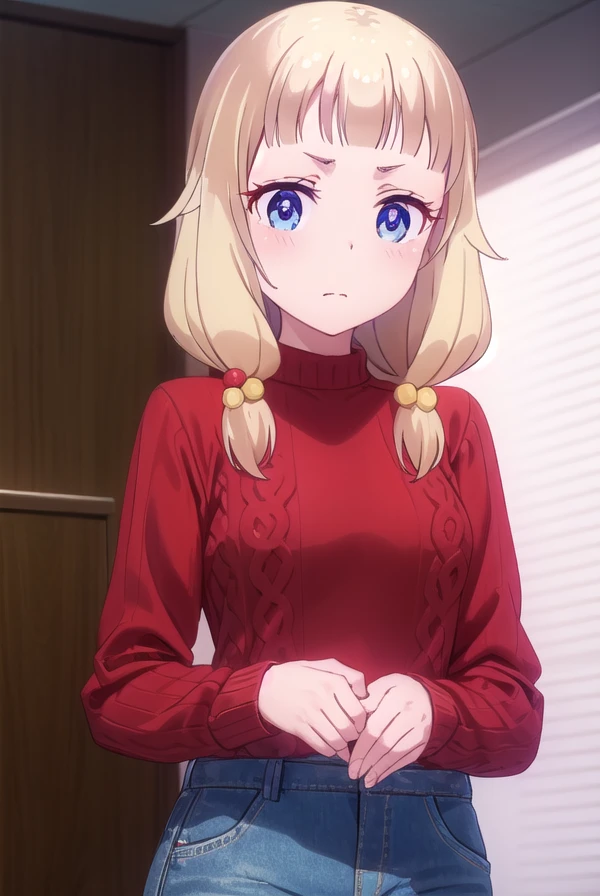 nenesakura, <lora:nene sakura s2-lora-nochekaiser:1>,
nene sakura, bangs, blue eyes, blonde hair, hair ornament, twintails, hair bobbles,
BREAK long sleeves, shirt, collared shirt, sweater, (red sweater:1.5),
BREAK indoors, office,
BREAK looking at viewer, (cowboy shot:1.5),
BREAK <lyco:GoodHands-beta2:1>, (masterpiece:1.2), best quality, high resolution, unity 8k wallpaper, (illustration:0.8), (beautiful detailed eyes:1.6), extremely detailed face, perfect lighting, extremely detailed CG, (perfect hands, perfect anatomy),