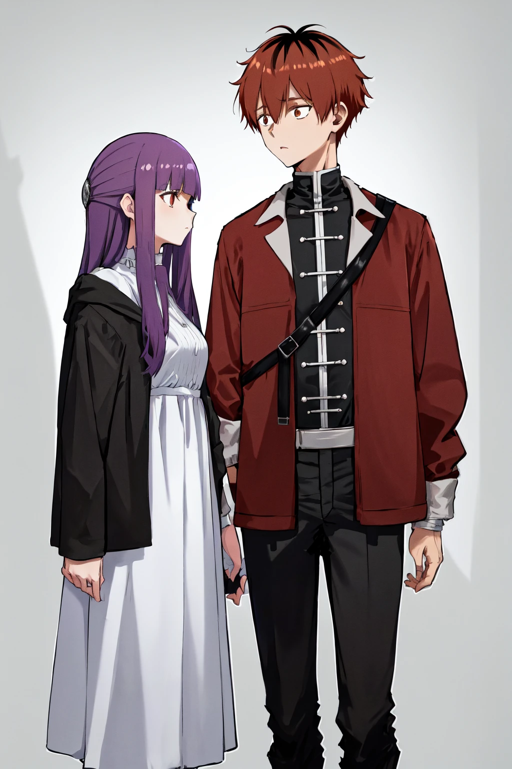 masterpiece, best quality, highres,
1girl fern, black jacket white dress,
1boy stark, red jacket open clothes black pants,
looking at another, height difference
<lora:stark_fern_3:1>