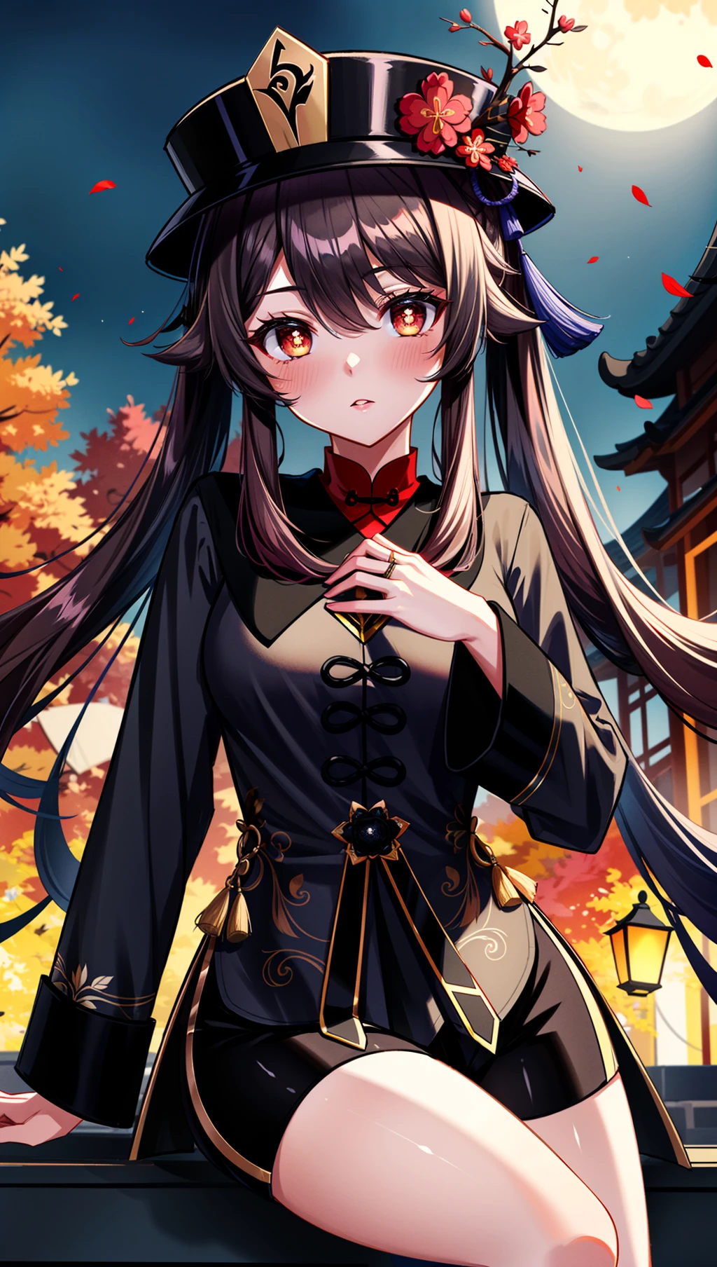 (4k,masterpiece, high resolution, best quality:2, breathtaking, ultra detailed:1.4),A cool female in the street at nighthutao,Hutao,hu hu tao \(genshin impact\),1girl,hat,ghost,jewelry,looking at viewer,symbol-shaped pupils,flower,shorts,twintails,solo,long hair,brown hair,long sleeves,black shorts,black headwear,hat flower,ghost pose,blush,red eyes,rim light,depth_of_field,scenery,reality,huge filesize,Cinematic Lighting,<lora:more_details:0.4>,in autumn,moon,chinese clothes,twintails,<lora:[LoRA] mhy_hutao_v1.0:0.6>,, (masterpiece, high resolution, best quality:1.4, breathtaking, ultra detailed)