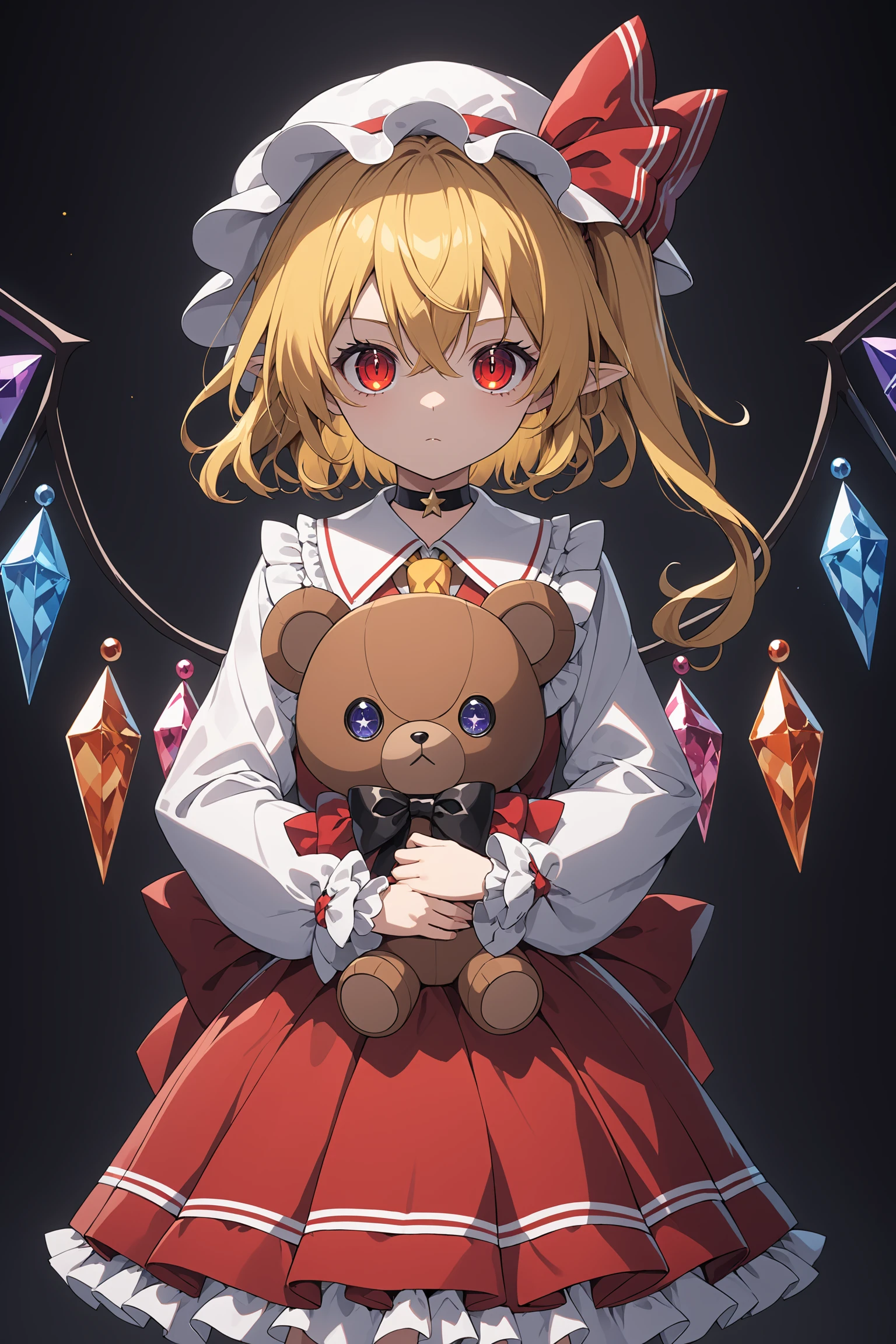 flandre scarlet,1girl, teddy_bear, solo, wings, mob_cap, holding_stuffed_toy, simple_background, crystal, frills, one_side_up, red_bow, looking_at_viewer, cowboy_shot, black_choker, standing, long_sleeves, black_background, closed_mouth, red_ribbon, glowing, bowtie, hat_ribbon, grey_background, expressionless, petticoat, hair_ribbon, red_dress, red_vest, wide_sleeves, shirt, yellow_ascot, red_skirt <lora:flandre_scarlet_image12338_2023-12-11-000005:1>,star-shaped_pupils,symbol-shaped_pupils,. gorgeous,key visual, vibrant, studio anime,award-winning, professional, highly detailed,high budget, cinemascope