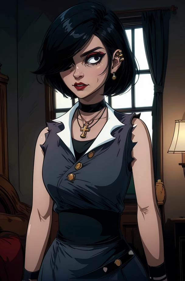 mari,black hair,makeup,stud earrings,black eyes,hair over one eye,
grey dress,sleeveless,black sash,Ankh necklace,choker,
standing,upper body,
room,dim lighting,
(insanely detailed, masterpiece, best quality),<lora:mari:0.8>,