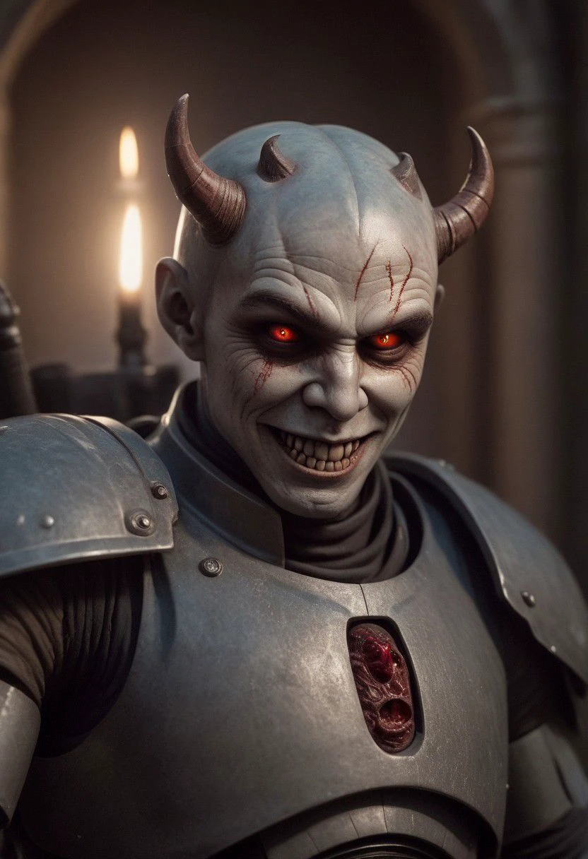 A photo of a (menacing demon lord:1.3), (curved horns:1.2), piercing red eyes, (grinning skull-like face:1.1), muscular build, (pointing directly at viewer:1.2), surrounded by an army of (ghouls and skeletal figures:1.1), flickering candlelight, medieval dungeon setting, (ominous soldier with rifle:1.1), atmospheric dread, gothic horror theme, Sony A7R IV, 1/60s, f/2.8, ISO 1000, cinematic composition, HDR imaging, detailed textures, macabre mood, RAW photography, professional grade,photography in the style of Labirynth movie, close up of (awful) and (sweet) creature with sword stained with (blood), inside a claustrophobic ancient and ruined labirynth ,fantasy,hyper detailed, real skin imperfections, hard lighting, bokeh, ((curi:1.2))armor star wars