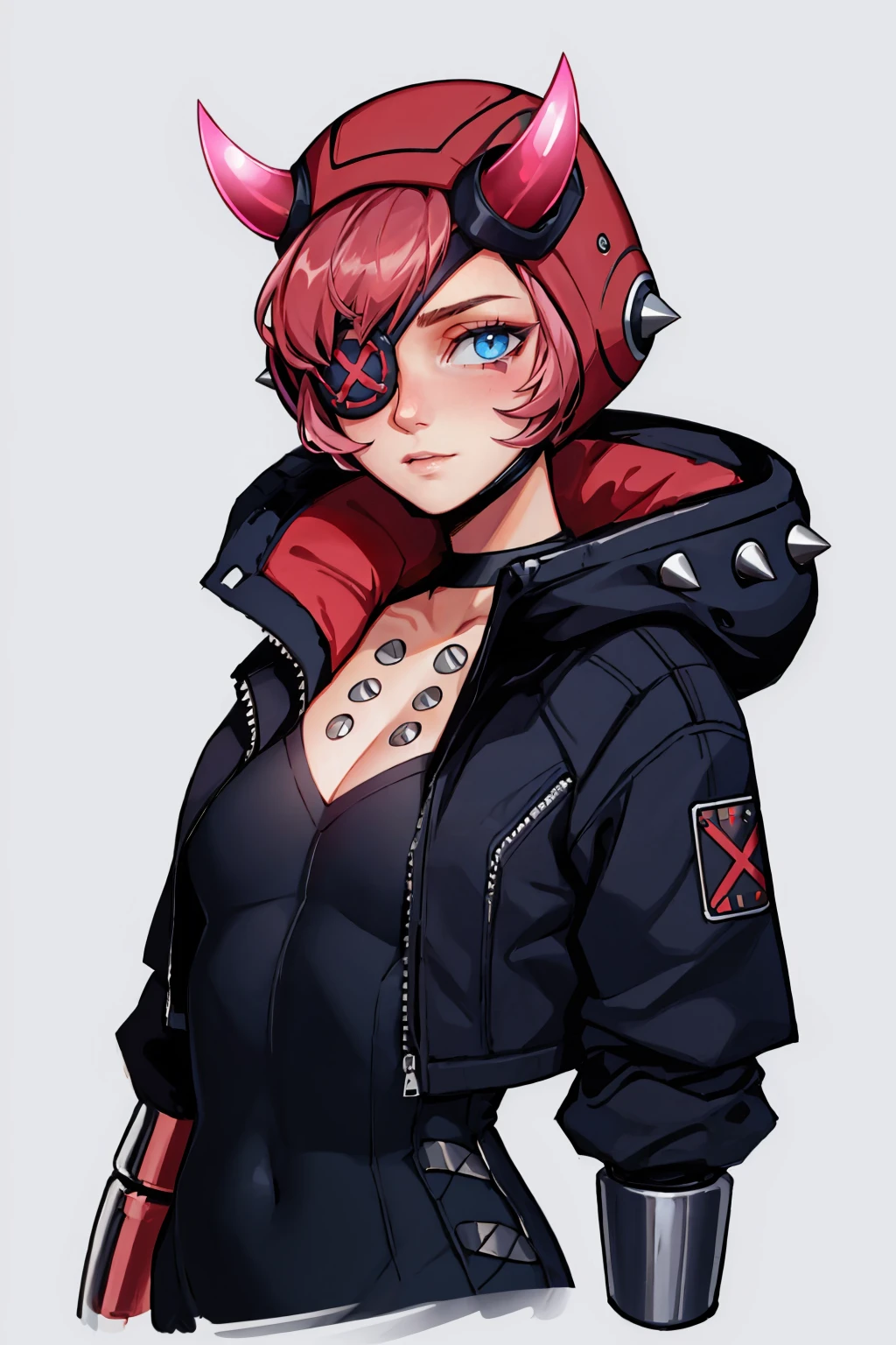 masterpiece, best quality, 1girl, solo, looking at viewer, breasts, <lora:cyberpunkedwattson-guy-v3:1>, cyberpunkedwattson, horns, eyepatch, jacket, black headwear, single mechanical arm, bodysuit, black jacket, portrait,