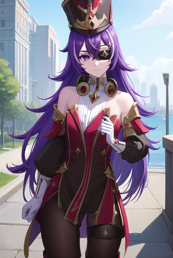 chevreuse, <lora:chevreuse-lora-nochekaiser:1>,
chevreuse, (eyepatch:1.5), long hair, mole, mole under mouth, multicolored hair, (purple eyes:1.1), purple hair, streaked hair, two-tone hair, very long hair, white hair,
BREAK bare shoulders, detached sleeves, black dress, black headwear, black pantyhose, boots, dress, earmuffs, earmuffs around neck, gloves, gold trim, gun, hat, pantyhose, red dress, shako cap, short dress, thigh boots, two-tone hair, white footwear, white gloves,
BREAK outdoors, city,
BREAK looking at viewer, (cowboy shot:1.5),
BREAK <lyco:GoodHands-beta2:1>, (masterpiece:1.2), best quality, high resolution, unity 8k wallpaper, (illustration:0.8), (beautiful detailed eyes:1.6), extremely detailed face, perfect lighting, extremely detailed CG, (perfect hands, perfect anatomy),