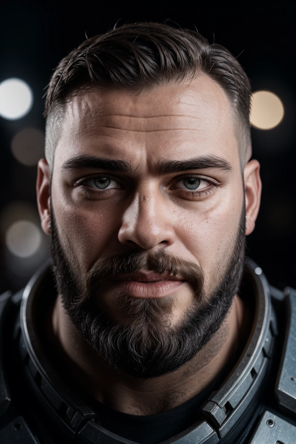 close up Portrait photo of muscular bearded guy in a worn mech suit, ((light bokeh)), intricate, (steel metal [rust]), elegant, sharp focus, photo by greg rutkowski, soft lighting, vibrant colors, masterpiece, ((streets)), detailed face