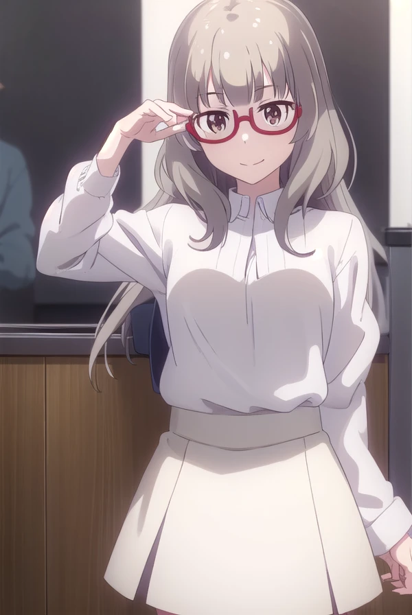shizukuhazuki, <lora:shizuku hazuki s2-lora-nochekaiser:1>,
shizuku hazuki, long hair, bangs, (brown eyes:1.5), grey hair, glasses, semi-rimless eyewear, red-framed eyewear, under-rim eyewear, smile,
BREAK skirt, shirt, long sleeves, white shirt, black skirt, fringe trim,
BREAK indoors, office,
BREAK looking at viewer, (cowboy shot:1.5),
BREAK <lyco:GoodHands-beta2:1>, (masterpiece:1.2), best quality, high resolution, unity 8k wallpaper, (illustration:0.8), (beautiful detailed eyes:1.6), extremely detailed face, perfect lighting, extremely detailed CG, (perfect hands, perfect anatomy),