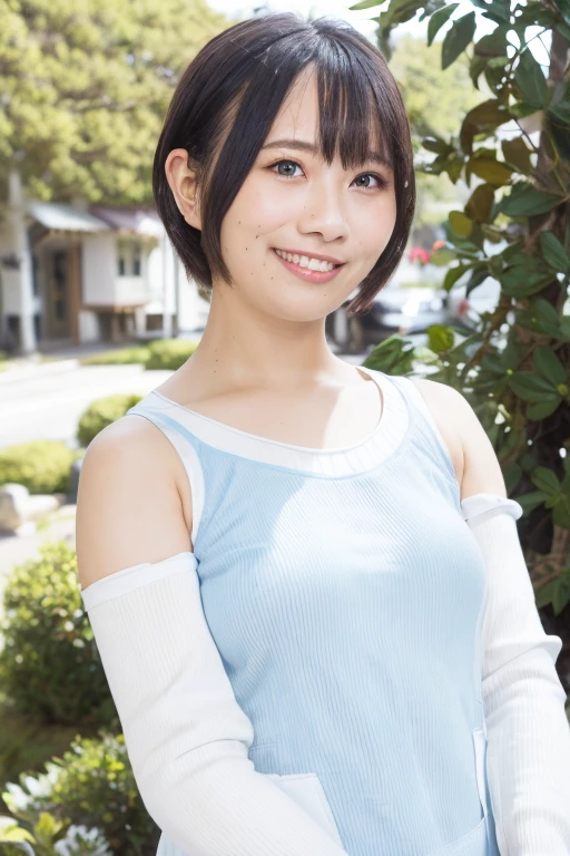 (((Masterpiece))) , max detail, ultra HD, precise anatomy, japanese girl, short dress, brown hair, bangs, tiara, embarrassed smile, best quality, textured skin