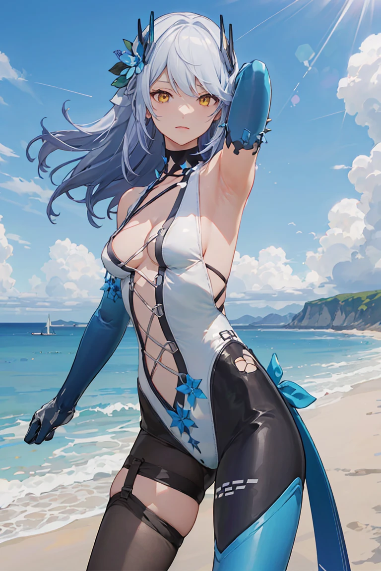 LYFE, leotard, elbow_gloves, asymmetrical_legwear, hair_ornament, cleavage, blue_hair, long hair, yellow_eyes, armpits, 1girl, solo, standing, cowboy shot, looking at viewer, outdoors, day, beach, ocean, cloud, summer, dappled_sunlight, (masterpiece,best quality,beautiful and aesthetic:1.2), <lora:LYFE-V2:1>