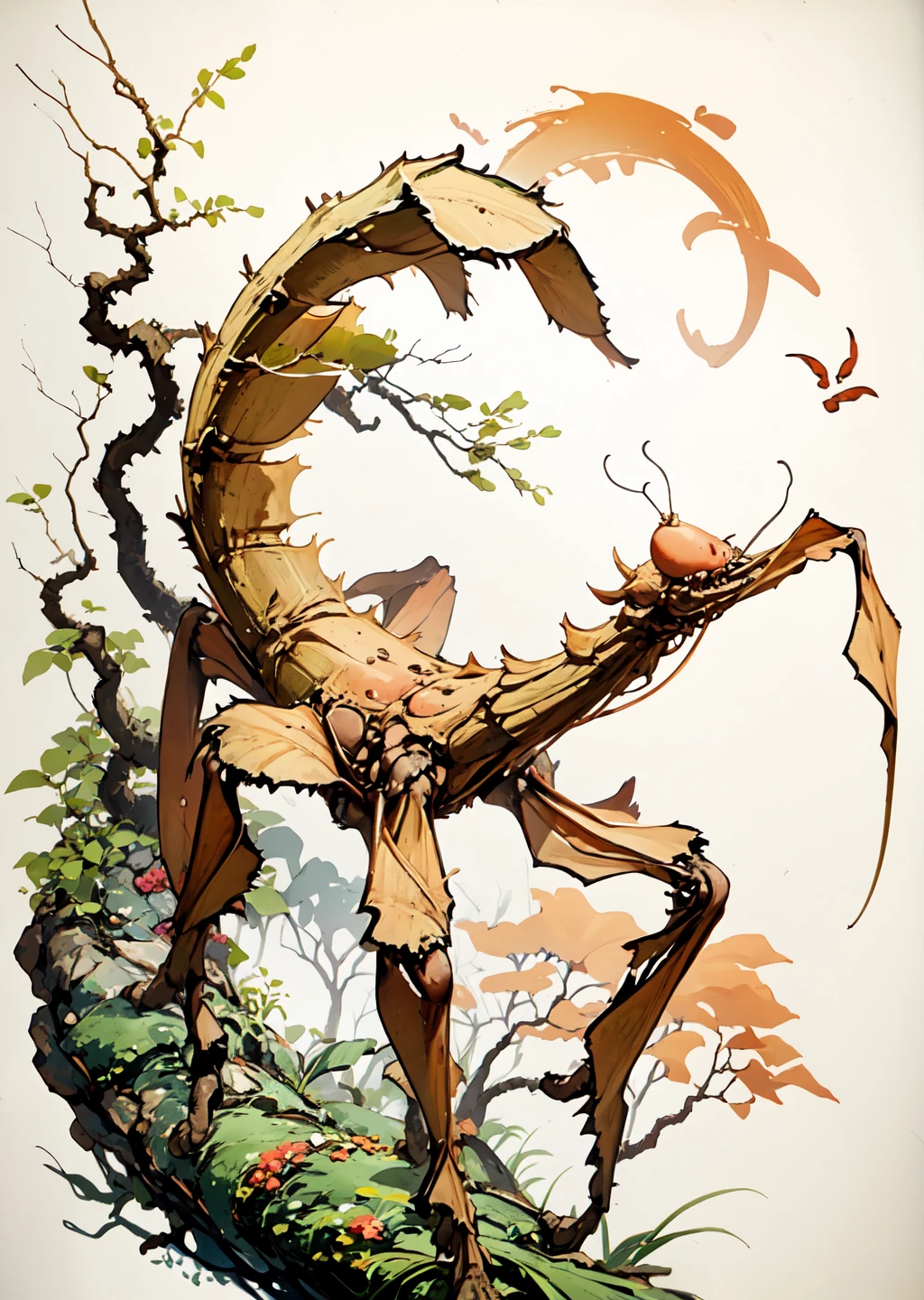 calligraphyinkstyle, spinyleafinsect, extatosoma, on a branch <lora:Spiny_Leaf_Insect:1>, <lora:Calligraphy-ink-style-darquelilly-v1:1>
