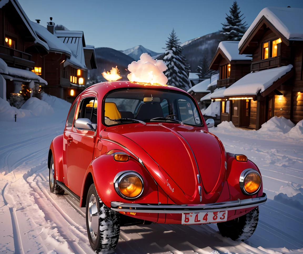 cinematic photo ,<lora:quiron_beetleVW_V1_Lora:0.97> (beetleVWQuiron car), a car at The Ski Resort: Transport yourself to a snowy ski resort with skiers and snowboarders descending down pristine slopes Aprs-ski parties with fondue and mulled wine add to the festive atmosphere, . 35mm photograph, film, bokeh, professional, 4k, highly detailed