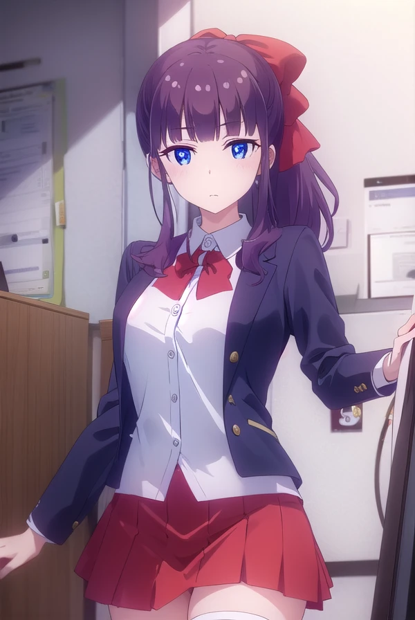 hifumitakemoto, <lora:hifumi takemoto s2-lora-nochekaiser:1>,
hifumi takemoto, long hair, bangs, blue eyes, bow, ponytail, purple hair, hair bow,
BREAK skirt, shirt, thighhighs, white shirt, black thighhighs, red skirt,
BREAK indoors, office,
BREAK looking at viewer, (cowboy shot:1.5),
BREAK <lyco:GoodHands-beta2:1>, (masterpiece:1.2), best quality, high resolution, unity 8k wallpaper, (illustration:0.8), (beautiful detailed eyes:1.6), extremely detailed face, perfect lighting, extremely detailed CG, (perfect hands, perfect anatomy),