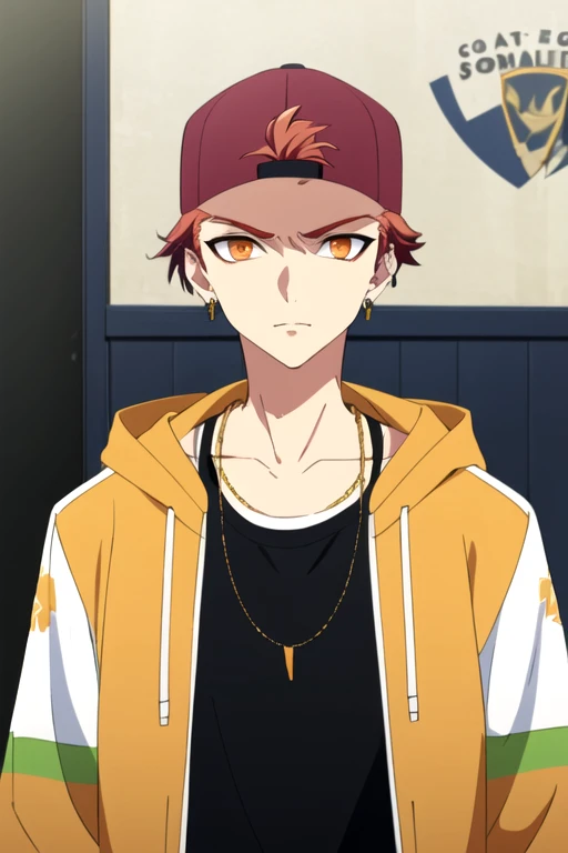 (best quality:1.1), (masterpiece:1.4), movie still, looking at viewer, upper body, , ligne claire, , 1boy, solo, male focus, <lora:satsuki_itou:0.76>, satsuki_itou, red hair, orange eyes, jewelry, , , backwards hat, baseball cap, , jacket,