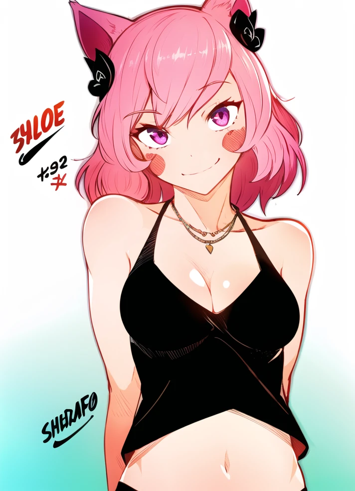 1girl, standing, blush, looking_at_viewer, shiny_skin, white_background, collarbone, solo, solo, straight-on, arms_behind_back, happy, smile, head_tilt, cleavage, necklace, upper_body,
<lora:homebrew_grafo_style:0.9>, <lora:homebrew_ratatatat_spiritahri:0.3>, pink_hair, animal_ears, cat_ears, hair_ornament,
