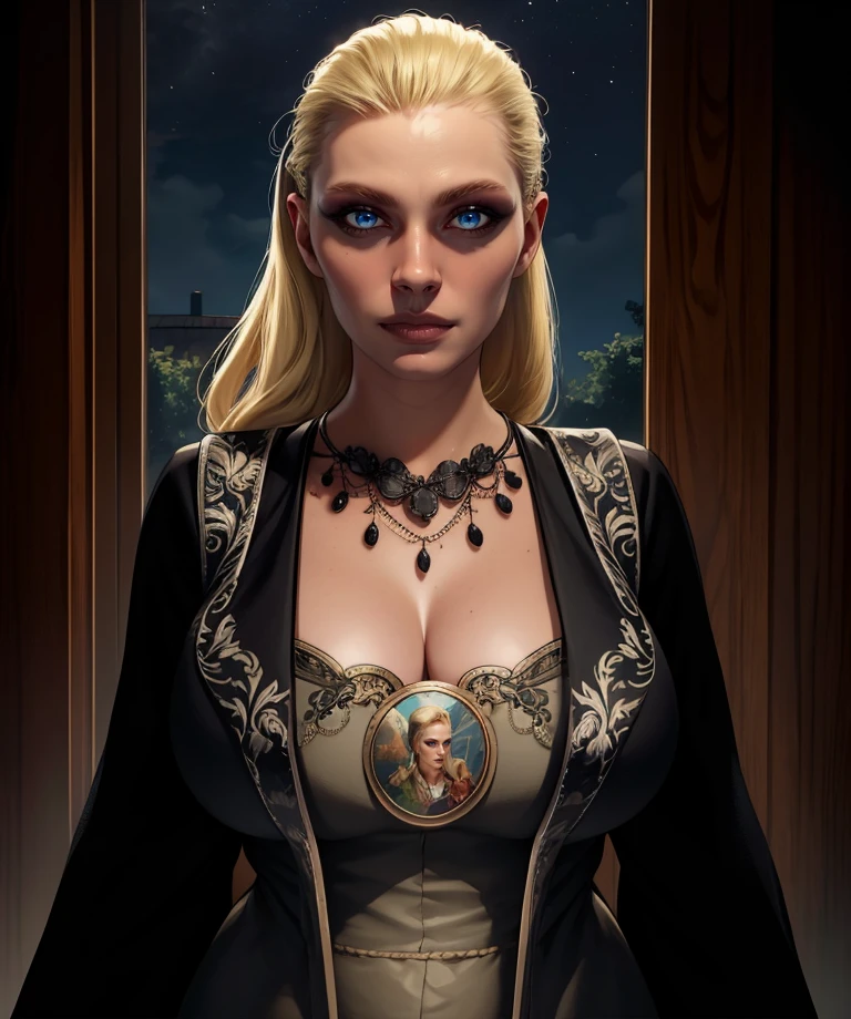 maranda,blue eyes,blonde hair,hair slicked back,
black robes,jewelry,necklace,cleavage,
standing,upper body,
night,
(insanely detailed, masterpiece, best quality),<lora:mothermaranda:0.8>,