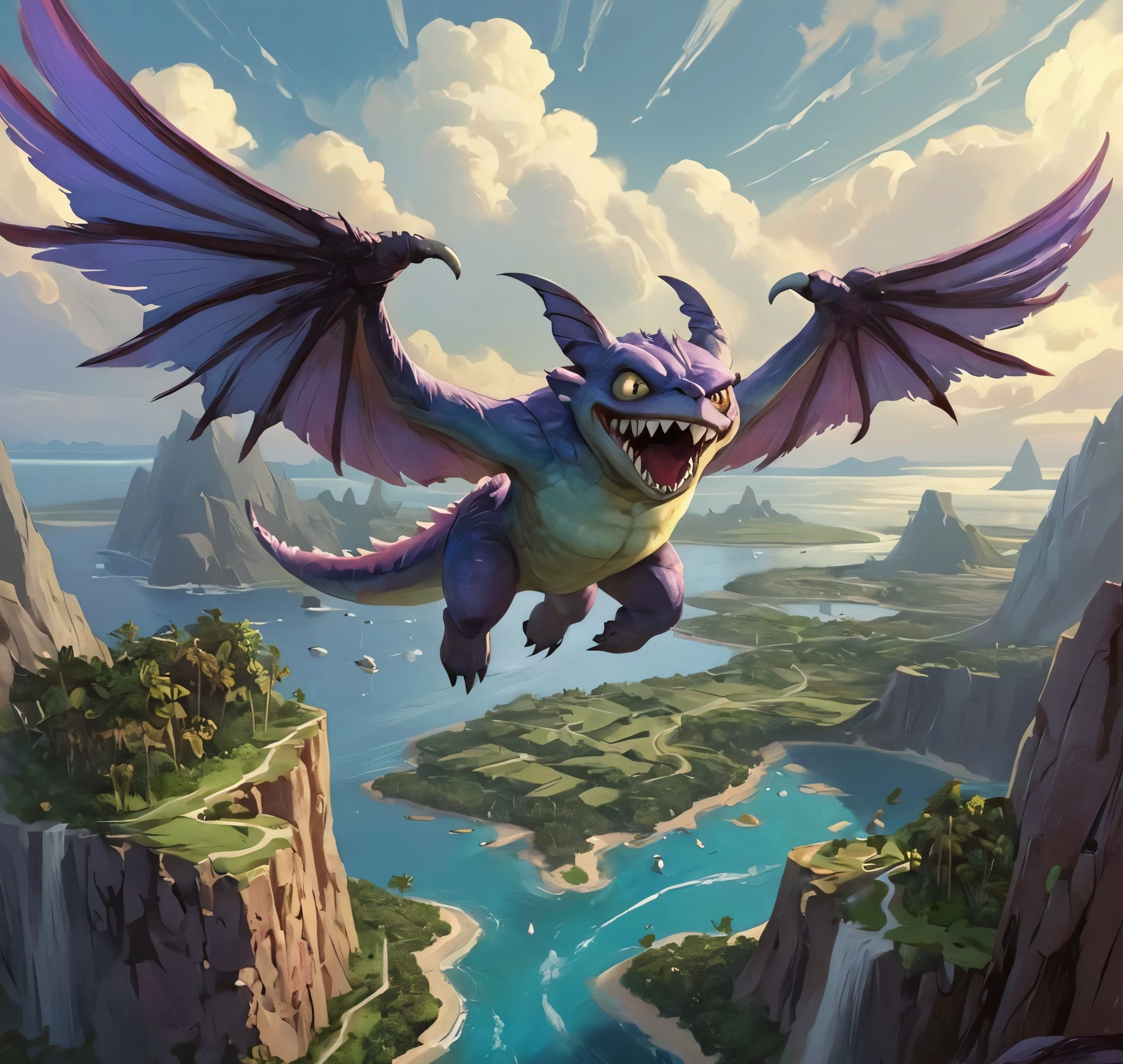 famous artwork by (steve prescott:1.1) and (jim pavelec:1.4) and (casey baugh:1.1), detailed expressive eyes, fantasy style, the regal looking toothy mobdonk, a creature of the puffalorpled skies, shown here with its majestic tynding wings outstretched as it soars above a resiliforged realm of helviported islands and vibrant cascading quibblesnatch of planet chuckleberry v RAW photo, realistic texture, extremely detailed, absurdres, sharp focus, volumetric lighting, subsurface scattering