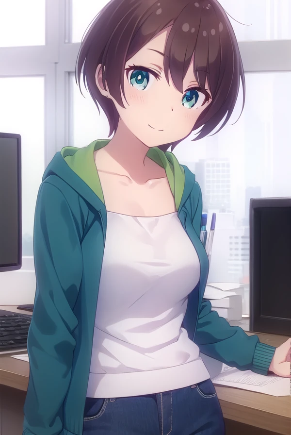 hajimeshinoda, <lora:hajime shinoda s2-lora-nochekaiser:1>,
hajime shinoda, short hair, bangs, brown hair, (green eyes:1.3), ahoge, smile,
BREAK shirt, long sleeves, collarbone, jacket, open clothes, pants, hood, open jacket, hoodie, hood down, blue jacket, yellow shirt,
BREAK indoors, office,
BREAK looking at viewer, (cowboy shot:1.5),
BREAK <lyco:GoodHands-beta2:1>, (masterpiece:1.2), best quality, high resolution, unity 8k wallpaper, (illustration:0.8), (beautiful detailed eyes:1.6), extremely detailed face, perfect lighting, extremely detailed CG, (perfect hands, perfect anatomy),