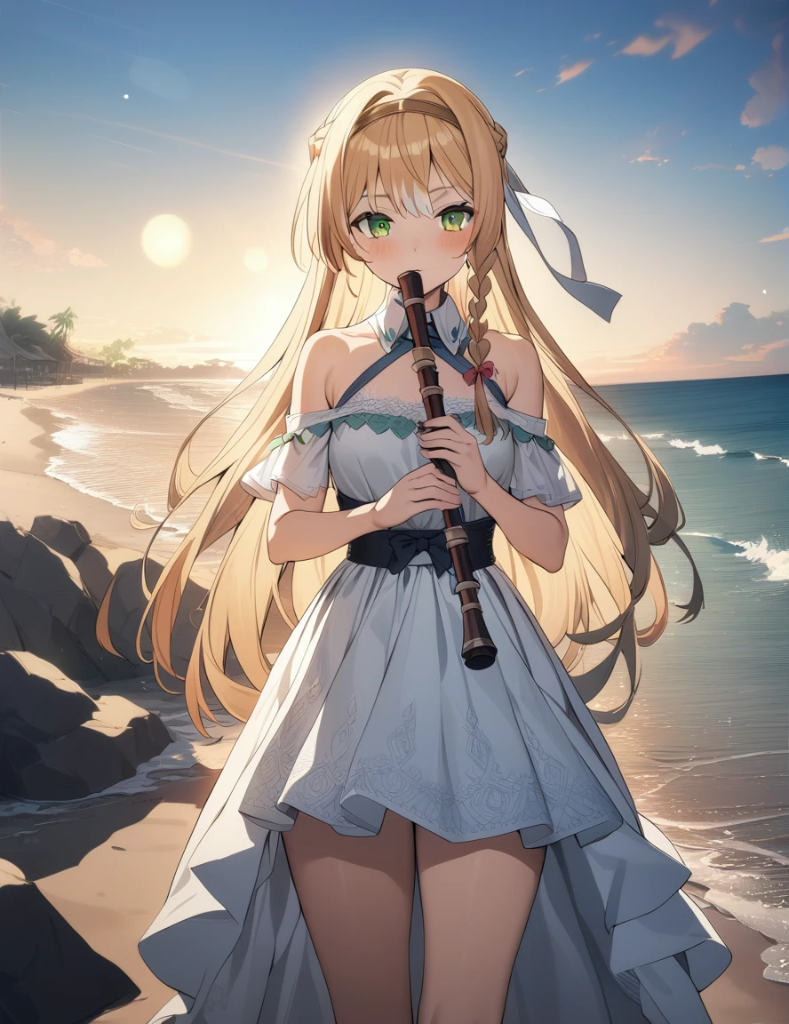 1girl, klaudia, green eyes, long hair, blonde hair,braid, solo,green eyes, cowboy shot, looking at viewer, beach, playing instrument, flute,(masterpiece), (best quality), (ultra-detailed), illustration, perfect composition, intricate details, moist skin, intricate details, HDR, bokeh,<lora:my_klaudiaXL:0.8>