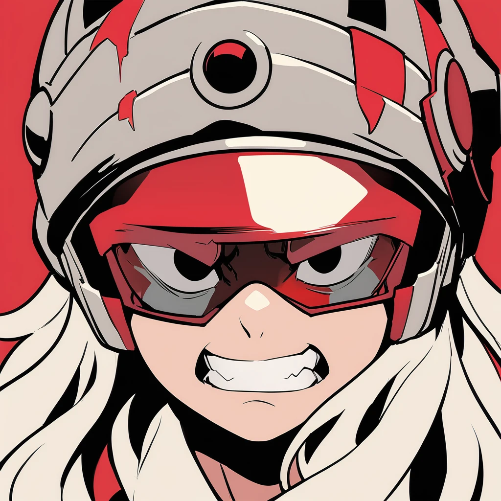 masterpiece, best quality, aokizy, portrait, helmet, 1girl, flat color, clenched teeth, black eyes, red background, long hair, (gumdam:1.3) helmet, <lora:aokizy_xl:0.8>