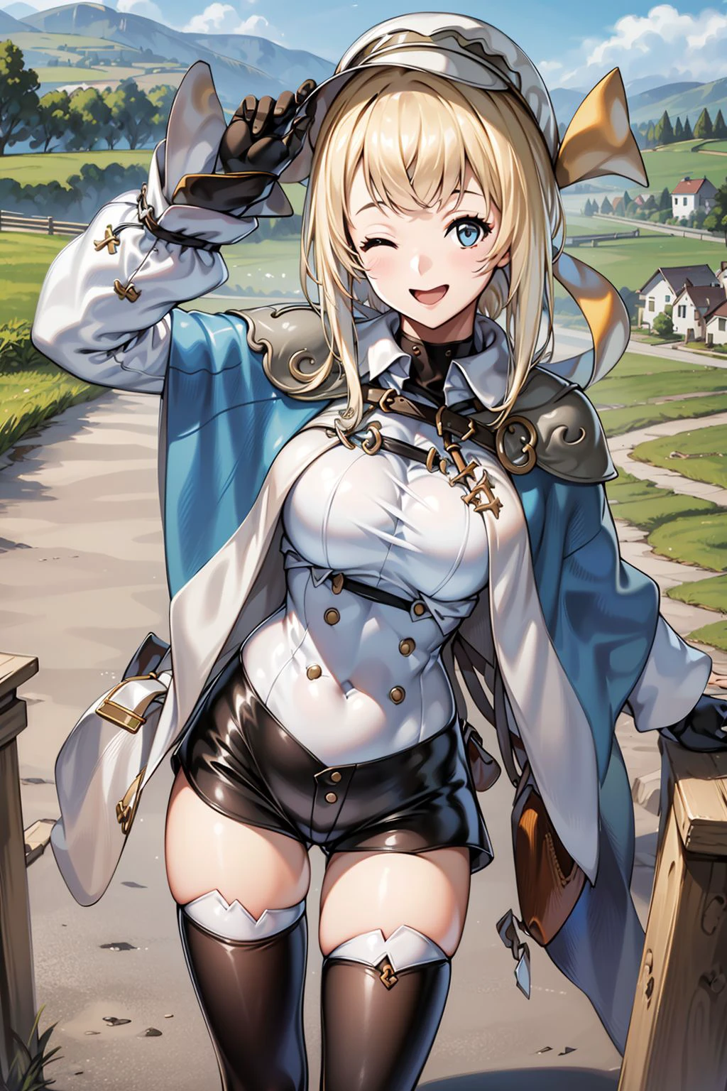 elseal_anothereden, normal_style_outfit,
1girl,
(outdoor, ruins, countryside:1.2)
open mouth,
one eye closed
cowboy shot
smile,
from above
(slim legs:1.3)
thighhighs
<lora:ElsealAnotherEden:0.8>