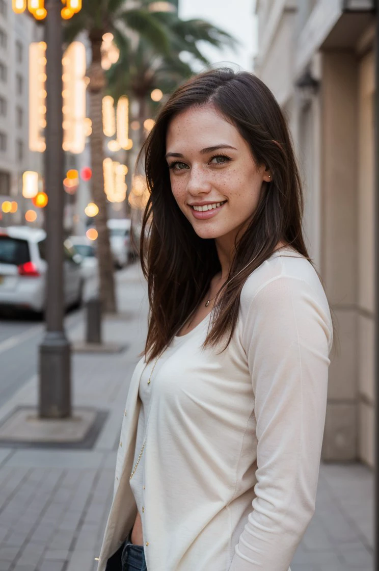 cinematic film still RAW photo of Tiffany_Thompson, smiling, freckles, straight hair, casual clothes, tall, (looking at viewer:1.1), <lora:backlight_slider_v10:1.2>, <lora:epiCRealismHelper:1>, <lora:skin_tone_slider_v1:-1>, modern empty street background, 8K, 16k, uhd, dslr, best quality, high quality, realistic, photo-realistic, ultra-detailed, <lora:Tiffany_Thompson:1>, PA7_Portrait-MCU . shallow depth of field, vignette, highly detailed, high budget, bokeh, cinemascope, moody, epic, gorgeous, film grain, grainy