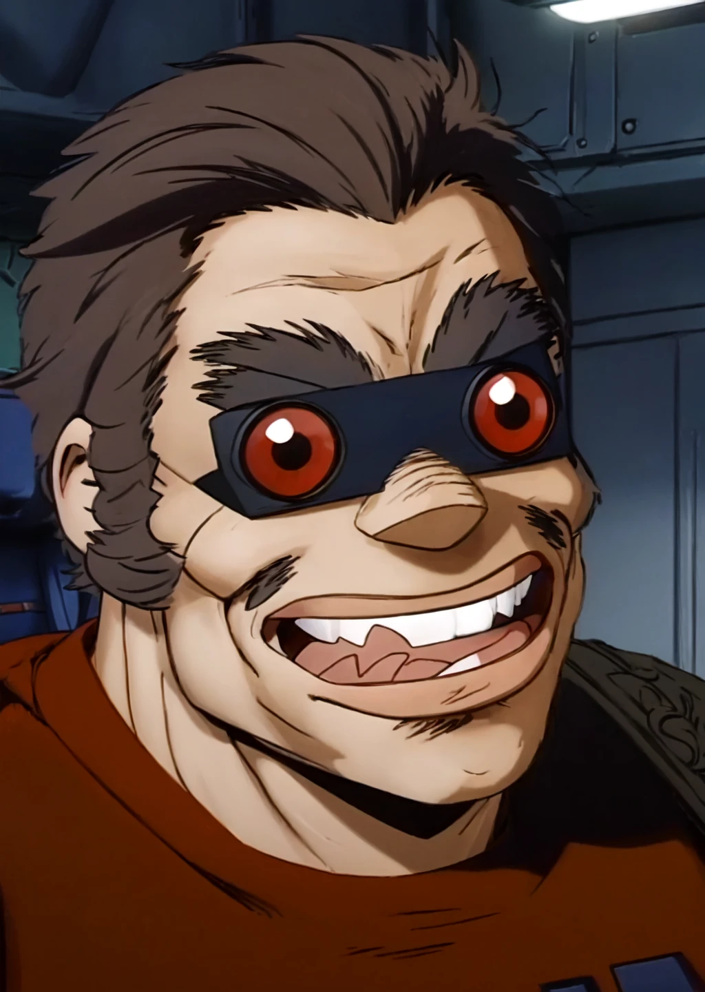 buaku, solo, male, aged, close up, short hair, visor with red lenses, red shirt, clenched teeth, grin <lora:Buaku_Dominion_Tank_Police-000013:1>