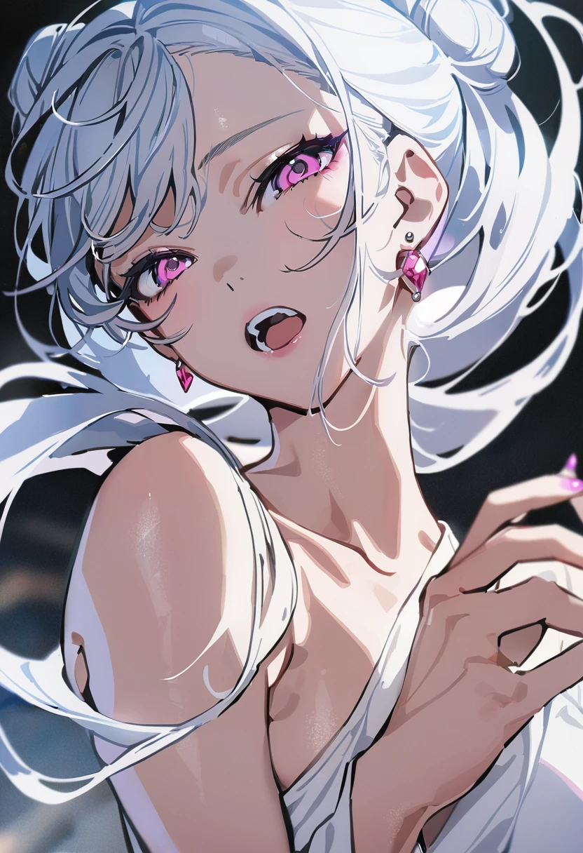 masterpiece, best quality, <lora:yoneyamaiXL_V1:1>1girl, solo, open mouth, pink nails, bangs, jewelry, long hair, pink eyes, floating hair, white hair, earrings, blue hair, nail polish, upper body, purple eyes, fingernails, hair bun