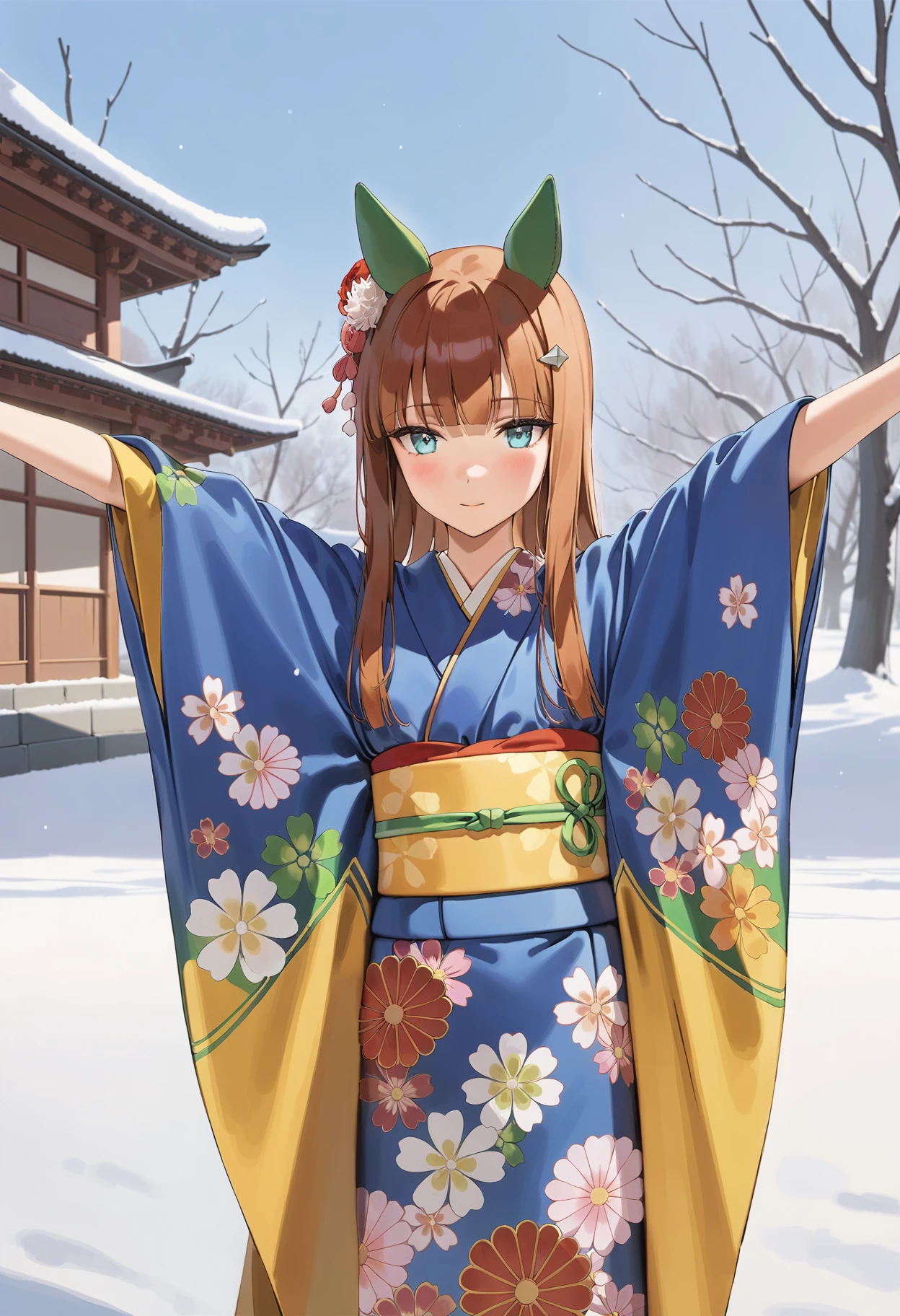 1girl, silence suzuka \(umamusume\), umamusume, (emyo), cowboy shot, walking, spread arms, blue kimono, print kimono, floral print, long sleeves, wide sleeves, arms up, furisode, yellow sleeves, obi, yellow bow, hair ornament, hair flower, blue eyes, happy, outdoors, day, natural lighting, (masterpiece, best quality), outdoors, detailed scenery, winter, snow, (3d render:0.4), highly detailed, finely detailed <lora:kaga_ny_animaginexl_2-14:0.7>