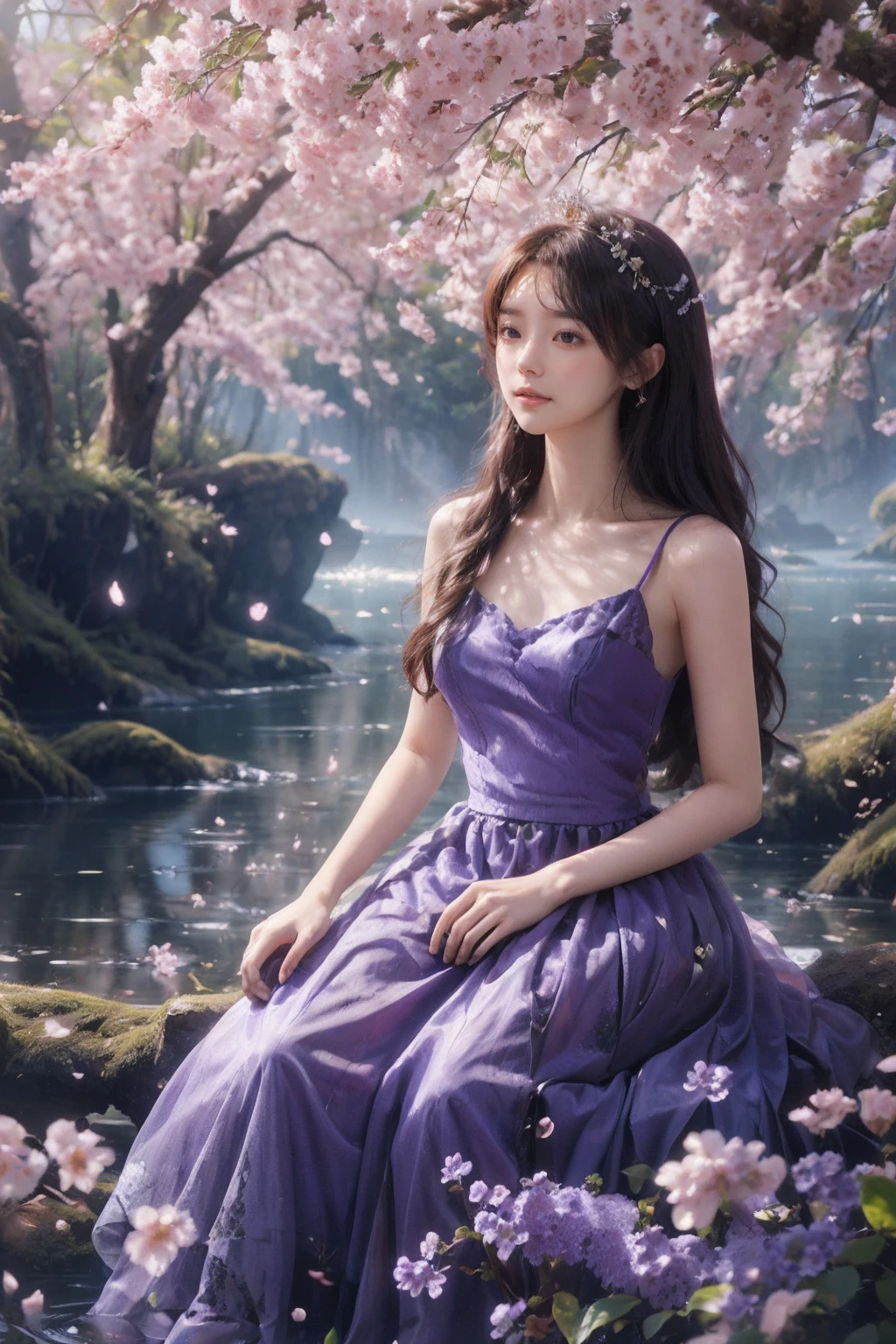 A beautiful and gentle princess,trees,<lora:treesç»®æ¢¦æ æï¼æé´é¸å½±_v1.0:0.7>,flowers blooming freely,(Purple flowers:1.1),melodious dream,Tyndall effect,Morandi tone,(Romantic lake view:0.8),