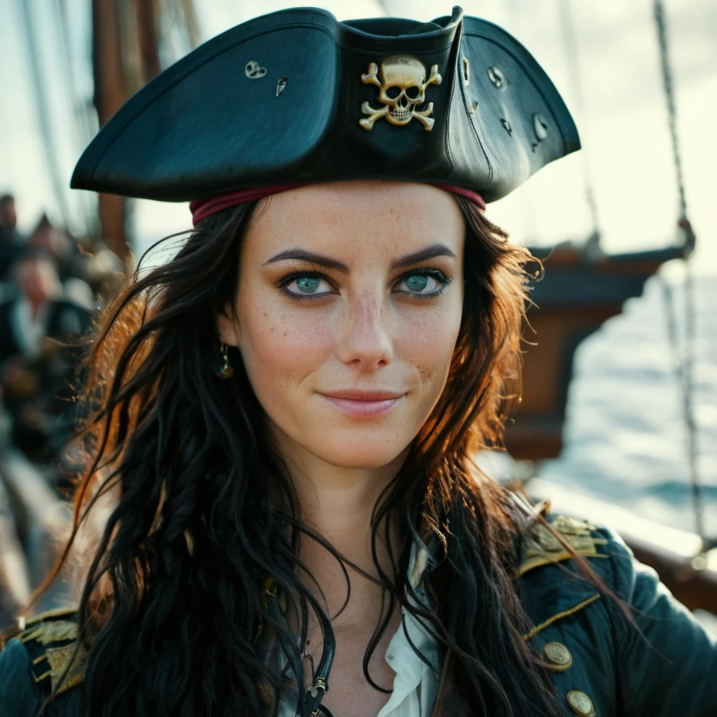 Face portrait photo of a stunning female pirate captain on the open seas,cinematic, high quality, skin texture, looking at the camera, <lora:kascodelario_xl_1_standard-merger_56_98_06_04:1>, smiling