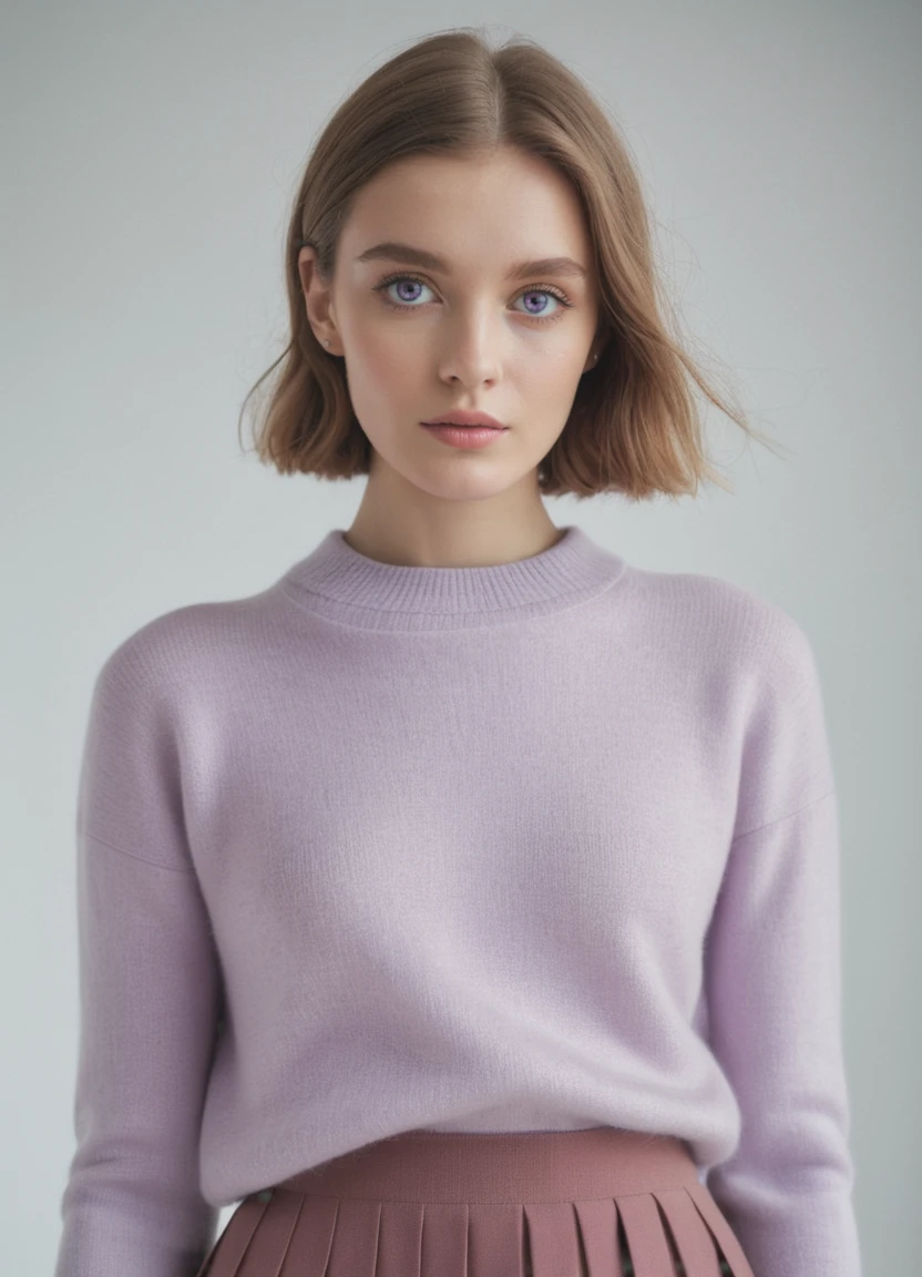high quality fashion editorial, wearing a set of a sweater and a skirt, soft merino knit material in light purple, looking straight into the camera, standing in a white surrealistic space,
Photorealistic, realistic, Canon 5D Mark IV 85mm f/1.8, realistic eyes, detailed eyes,