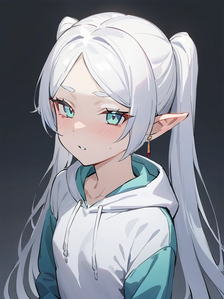 <lora:xl_Frieden:1>,Frieden is a girl with white ponytails long hair green eyes and sharp ears,hoodie,small chest,, masterpiece, best quality,