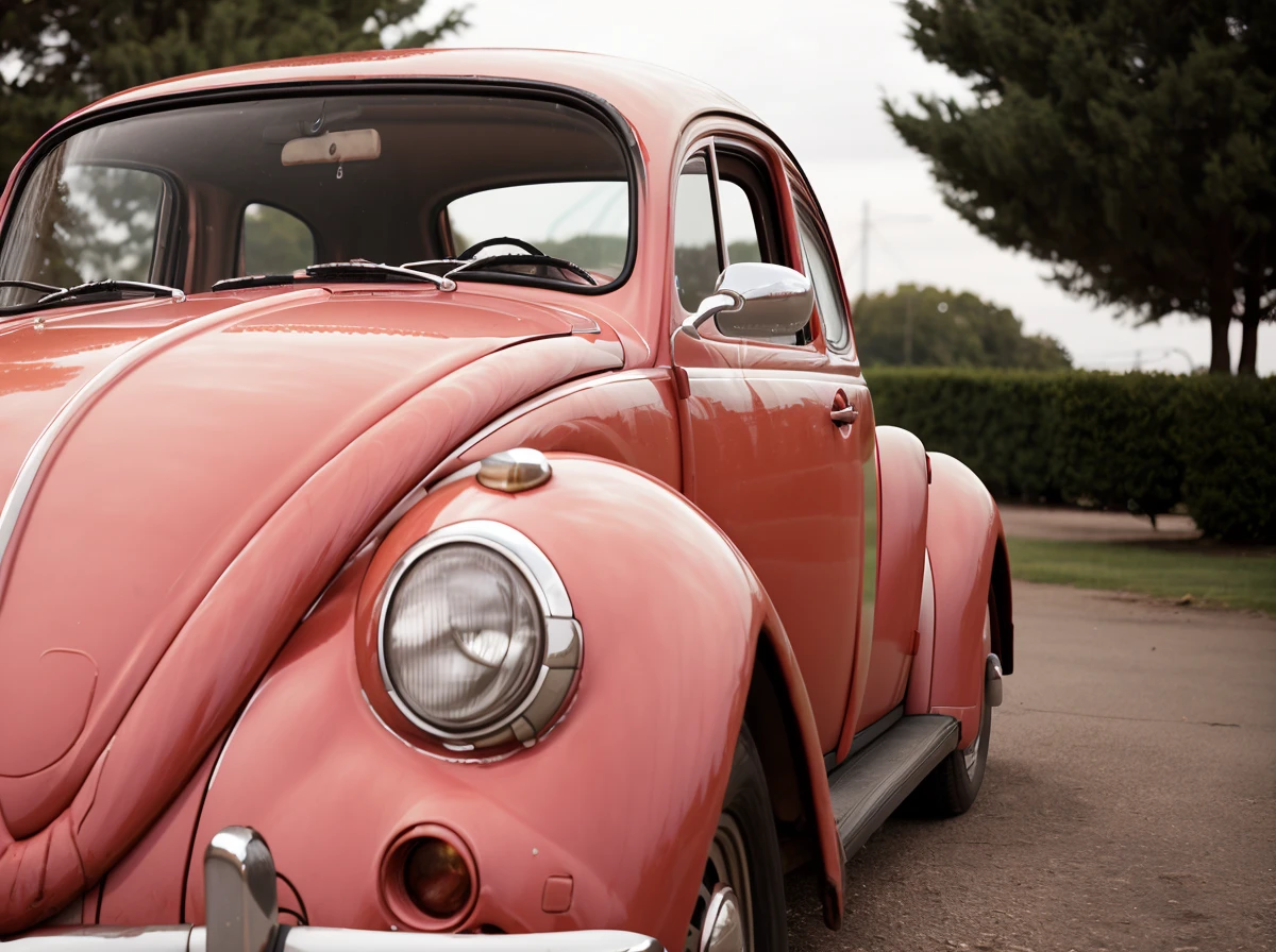 cinematic photo , Focus - shallow depth of field , realistic, <lora:quiron_beetleVW_V1_Lora:0.57> beetleVWQuiron, side view, (an old and rust pink car),
. 35mm photograph, film, bokeh, professional, 4k, highly detailed