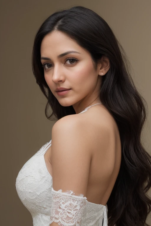 A confident-looking indian woman with a bun of long and thick hair tied behind and covered with flowers, full waist up pose , upper knees pose ,hazel eyes, half-opened minimalistseethrough tight clothes, a seductive face, a lusty look, b-cup breast, perfect composition, hyperrealistic, super detailed, 8k, high quality, trending art, trending on artstation, sharp focus, studio photo, intricate details, highly detailed,