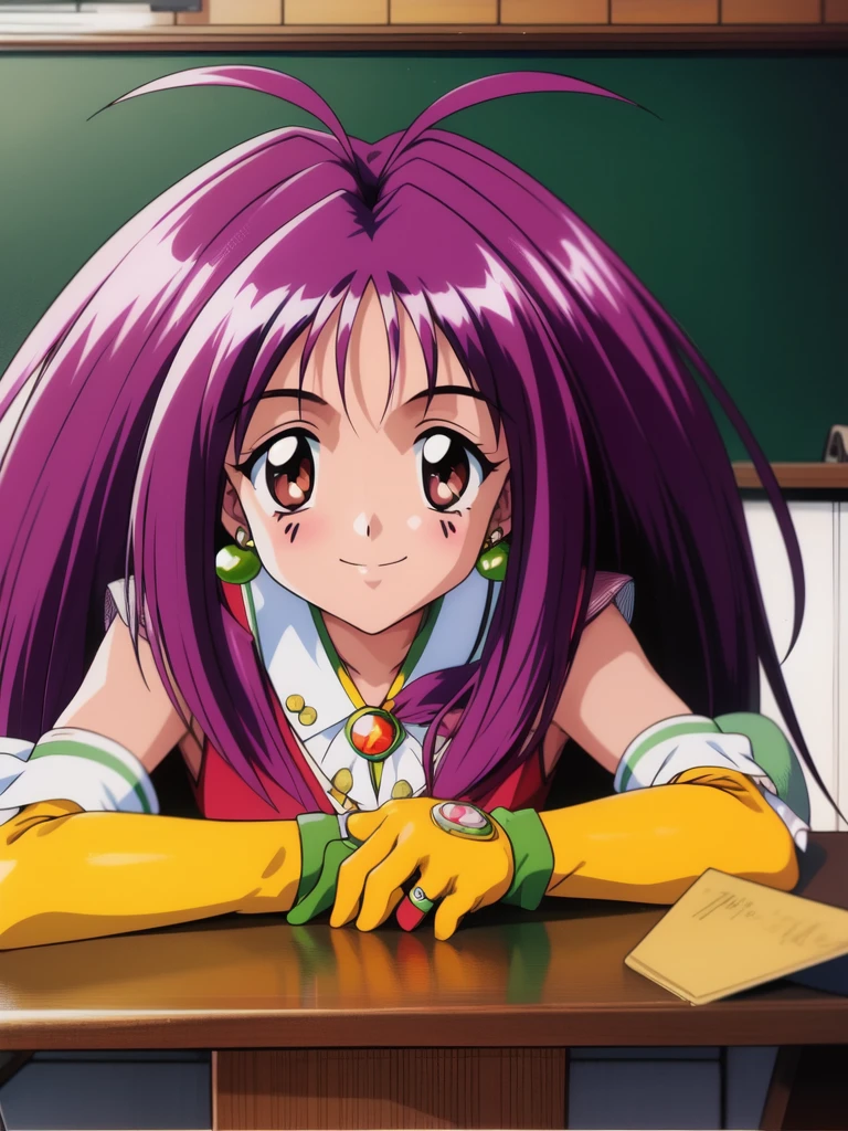 <lora:Kotobuki_Miyuki:0.8>, KotobukiMiyuki, 1girl, solo, jewelry, gloves, elbow gloves, ring, facial mark, chalkboard, 1990s (style), smile, earrings, retro artstyle, deskã
masterpiece, high quality, very_high_resolution, large_filesize, full color,