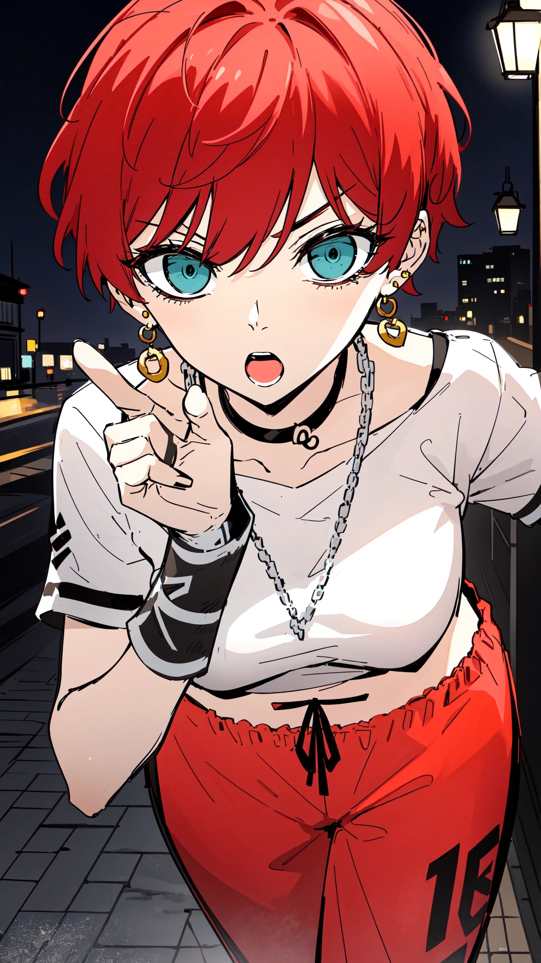 kwonie, (((come at me pose))), 1woman, red short hair, teal eyes, yellow earnings, silver pendant, white top, orange pants, black neck collar, black bracelets, 8k, 16k, trending on pixiv, fanbox, skeb, masterpiece, detailed face, digital painting, night street background, <lora:kwonie:0.7>
