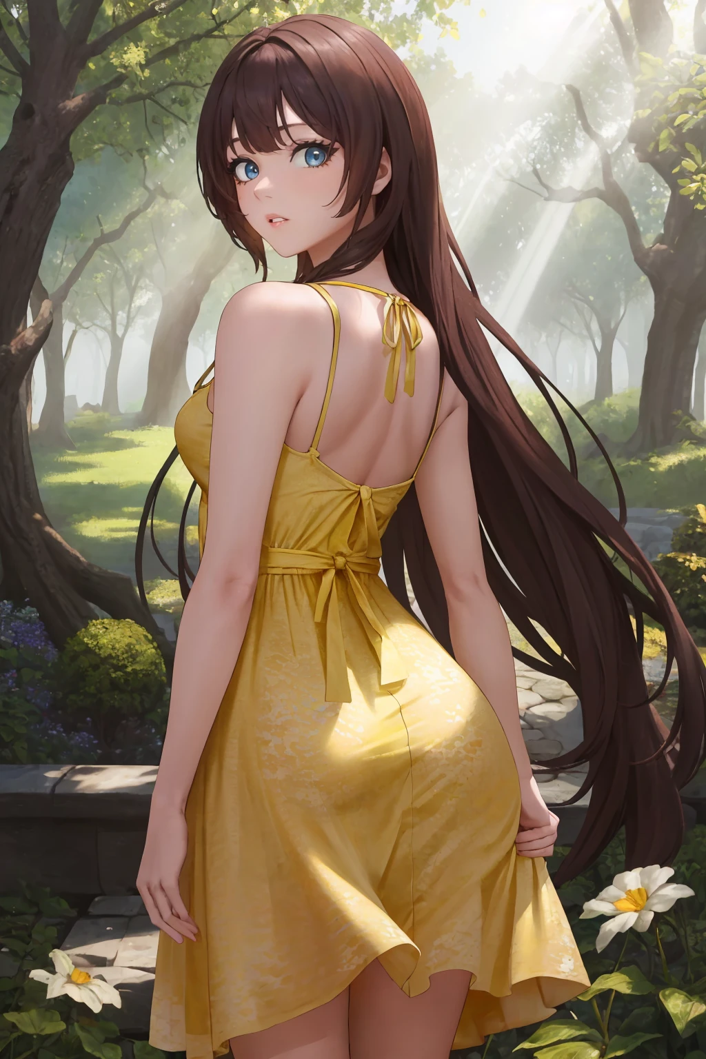 masterpiece, best quality, 1girl, solo, <lora:mica-nikke-richy-v1:1> micasb, very long hair, (yellow sundress:1.4), from behind, garden, standing, looking back, looking at viewer, parted lips, (dappled sunlight:1.4), blue eyes
