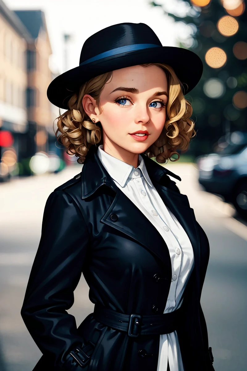 (bokeh:1.2), (norman rockwell), best quality, highly detailed, detailed face, detailed body, cute, adorable, 1girl, (head, torso, upper body, portrait), (1920's, detective noir, black trench coat, white blouse, fedora, curly blonde hair, blue eyes), (adult, 20 year old, medium breasts, mature, curvy),