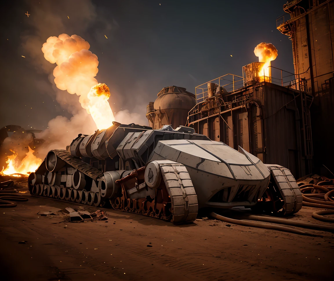cinematic photo , (best quality), (masterpiece), (detailed) ,realistic, <lora:quiron_thundertank_v1_Lora:0.87> thunderTankQuiron concept vehicle, rusted oil rig, creaking metal, toxic spills, remnants of an industrial past, fire, explosion scene, fog, 4k, cinematic light, sidelighting, ultra high res, best shadow, RAW, . 35mm photograph, film, bokeh, professional, 4k, highly detailed