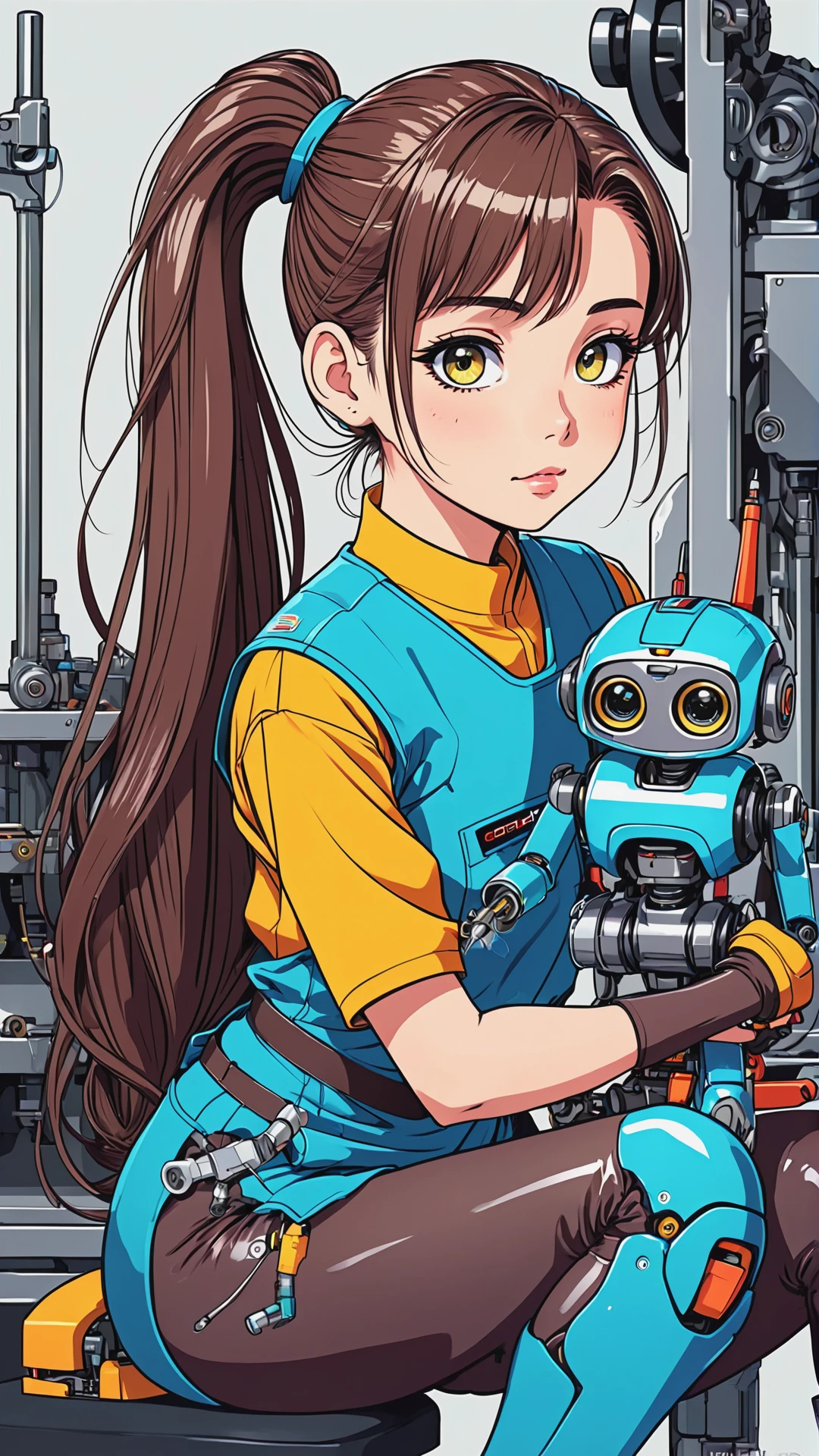 Anime, an mechanic girl sits and fixes a small robot, holding tool, detailed face, symmetry eyes and iris, long ponytail hair, costume, full body, cowboyshot, in workshop, flat colors, kawaii, ink paint line art, vector art, thick lines, bold lines, (line art:1.4), best quality, colorful, masterpiece, sharp focus, high resolution,