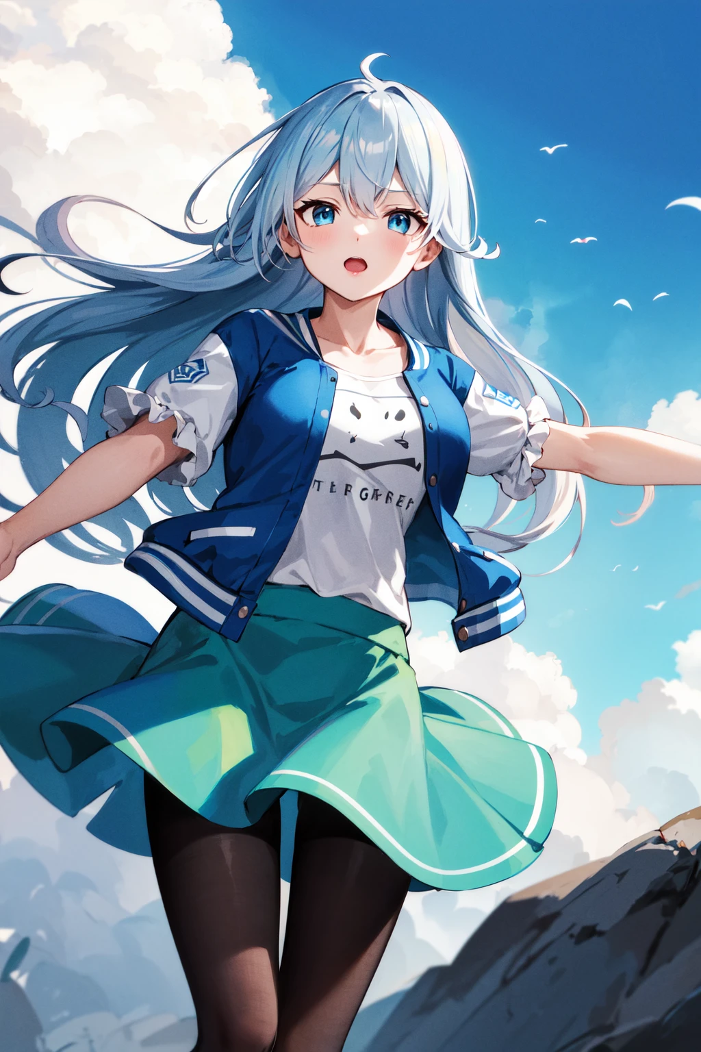 masterpiece, best quality, highres, aamahiro, long hair, blue hair, blue eyes, collarbone, white shirt, letterman jacket, blue jacket, open jacket, puffy sleeves, short sleeves, blue skirt, black pantyhose, <lora:yukishiro_mahiro_v1:0.7>, standing, outstretched arms, blue sky